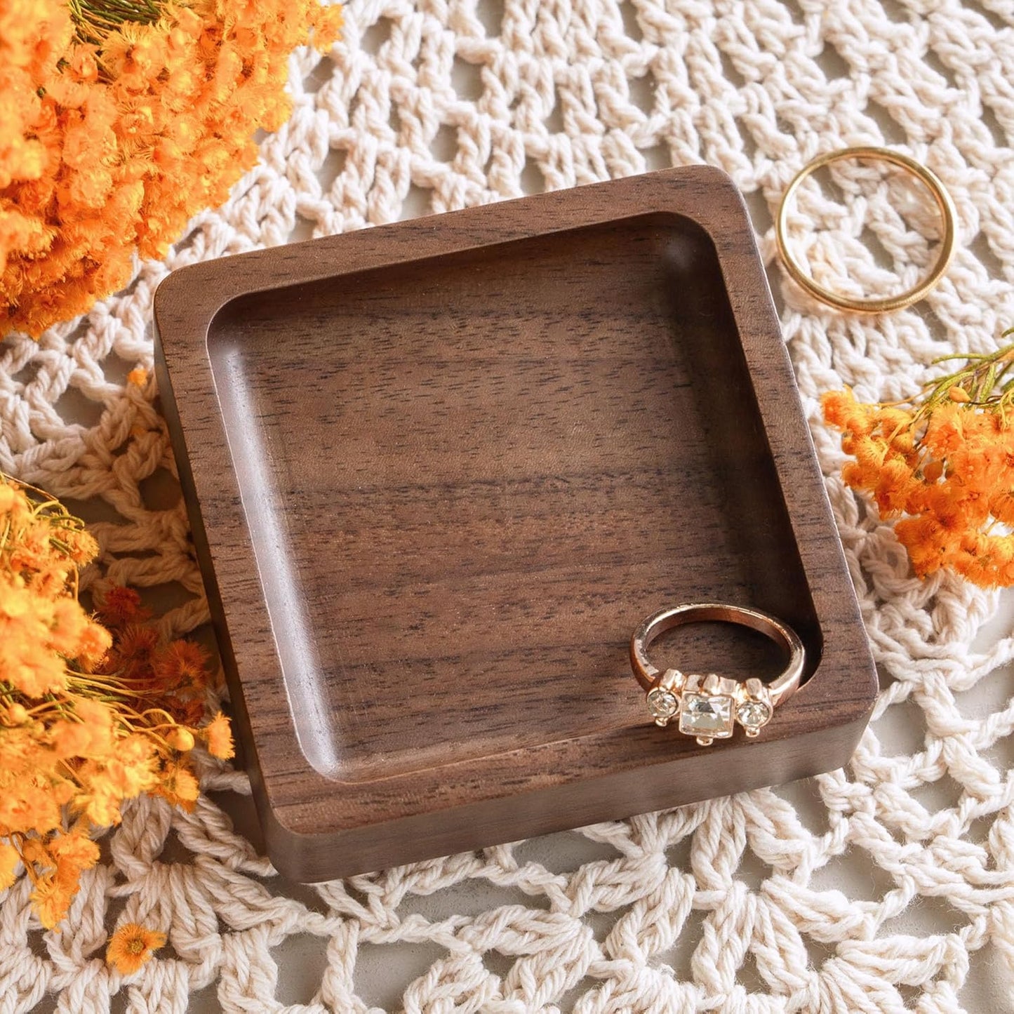 Walnut Wood Ring Holder, Engraved Jewelry Dish and Storage Tray, Unique Gift for Her, Valentine’s Day Gift