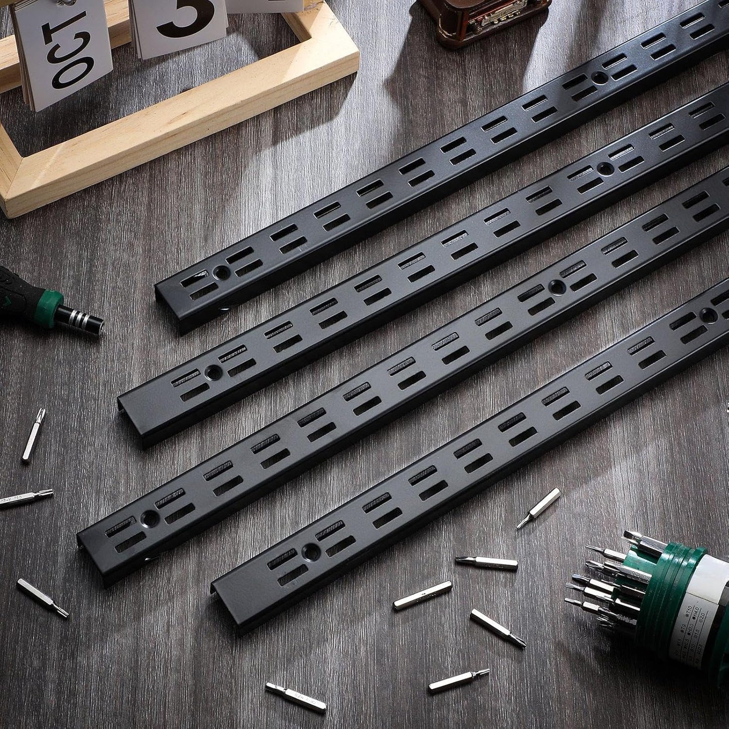 12 Pcs 47.5 Inches Shelf Rails Bracket Track Upright Closet System Hardware Adjustable Wall Standard Shelf Standards for Pantries, Linen Closets, Laundry Rooms, Utility Rooms (Black)