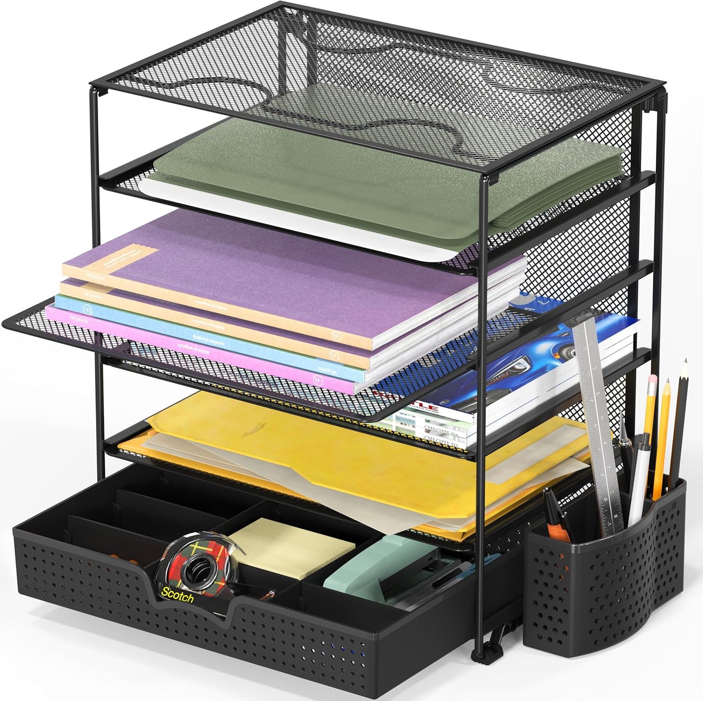 Simple Houseware 5-Tier Document File Tray with Supplies Sliding Drawer and Pen Bucket, Black