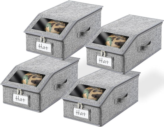 4 Pack Grey Hat Organizer for Baseball Cap, Hat Storage for Closet with Clear Window, Breathable Fabric Hat Box for Snacks, Toys, Socks, Stackable Hat Storage Organizer for Men/Women
