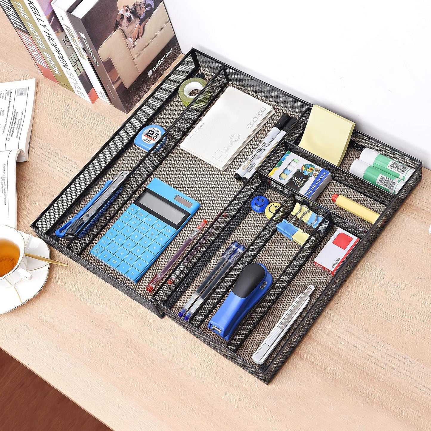 WuGeShop Expandable Office Desk Organizer, 7 compartments Mesh Desk Drawer Organizer Desk Organizer tray, Metal Office Supplies Accessories Storage, Black