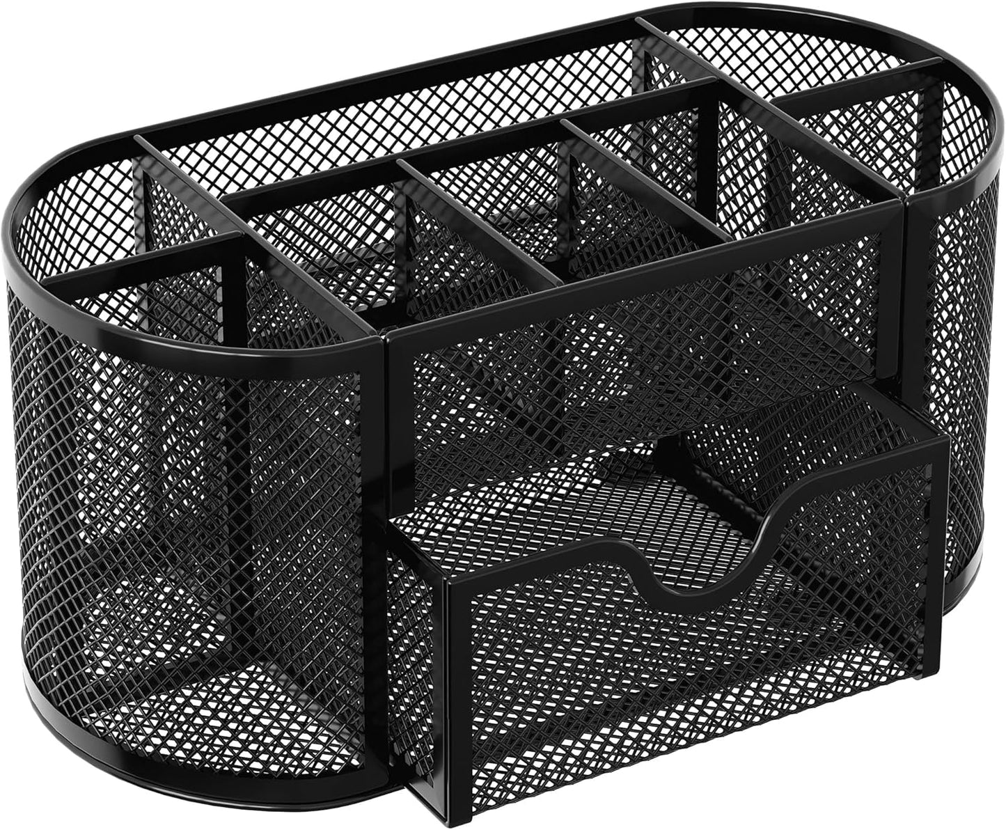 EasyPAG Mesh Pen Holder Desk Organizer with Drawer Stationery Supplies Organizer for Dorm School 9 Compartments Workspace Desk Accessories Organization for Office, Black