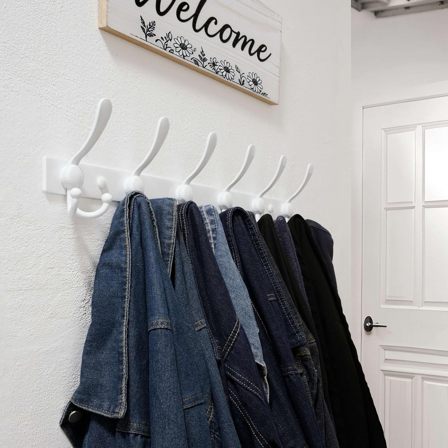 Dseap Coat Rack Wall Mount 2.0 Pro: 24” Long, 3X Tougher, Heavy Duty Stainless Steel Wall Coat Hanger with 6 Tri Hooks for Clothes Jackets Hats Entryway Closet, White, Pack of 2
