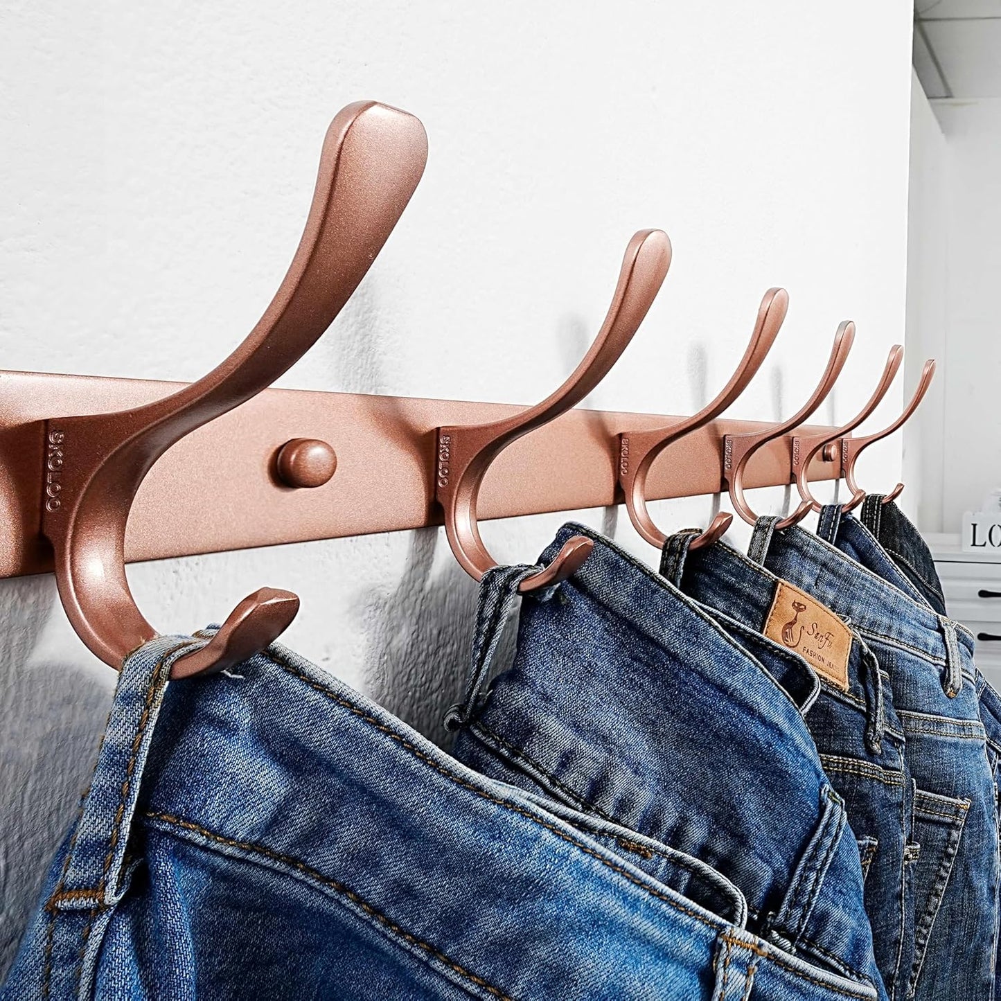 SKOLOO Coat Rack Wall Mounted - 6 Hooks, Heavy Duty, Stainless Steel, Metal Wall Hanger, Sturdy Coat Hooks for Hanging Coats, Jacket, Clothes, Hat, Matte Rose Gold