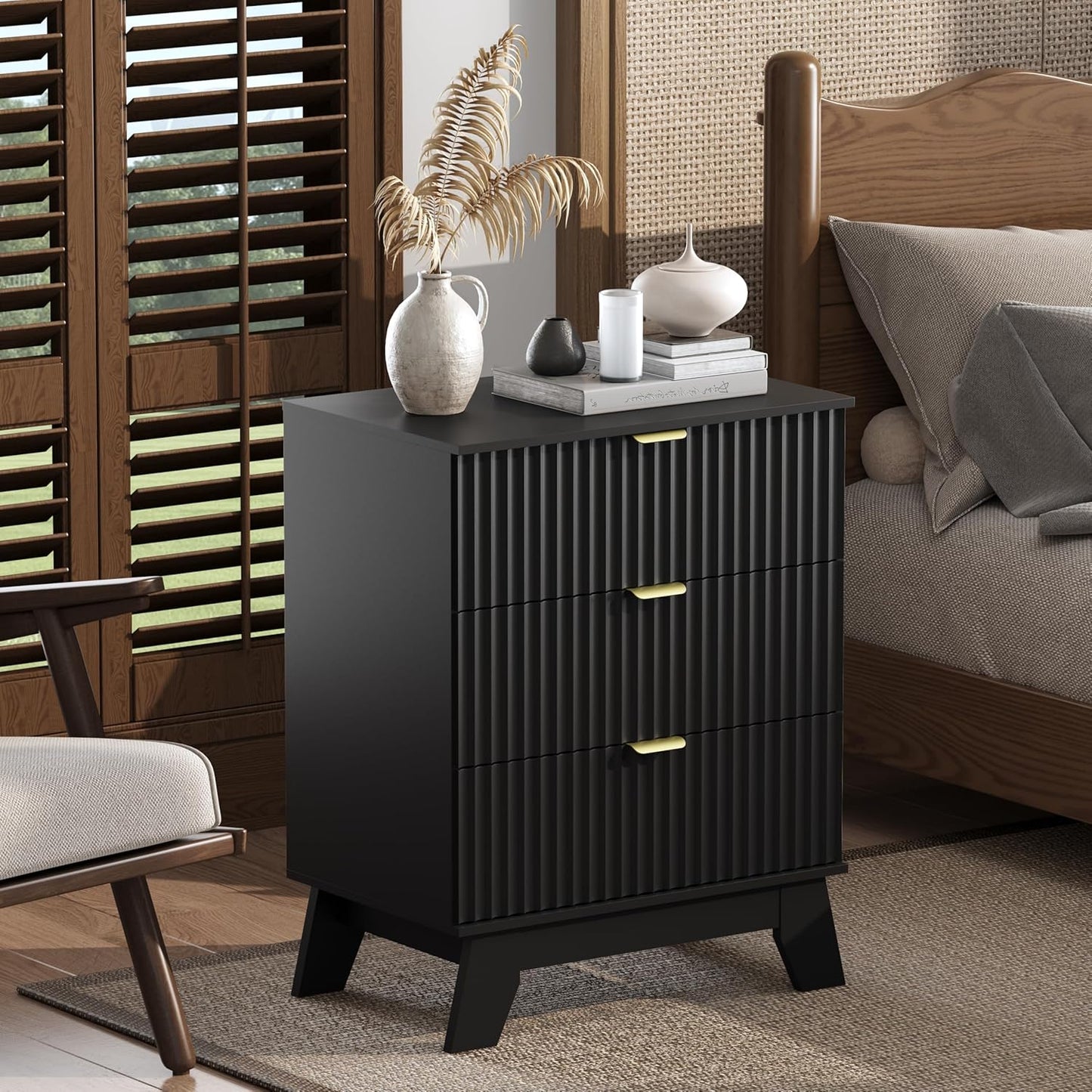 Black Night Stand with 3 Drawers, Bedside Table & End Table, 24" Wide Mid Century Modern Fluted Wood Nightstand with Metal Handles, Farmhouse Night Stands for Bedroom