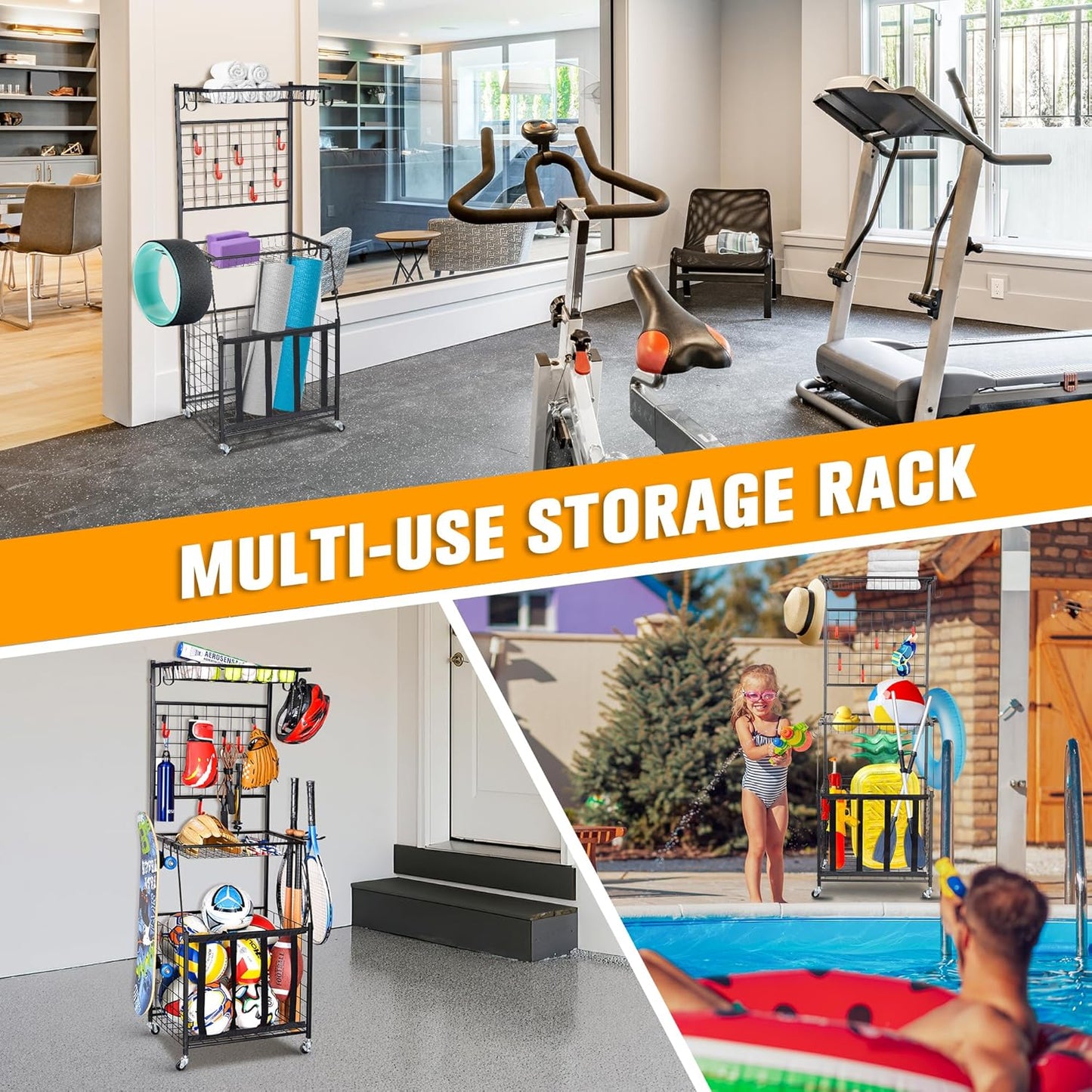PLKOW Sports Equipment Storage for Garage, Indoor/Outdoor Sports Rack for Garage, Ball Storage Garage Organizer with Basket and Hooks,Toy/Sports Gear Storage