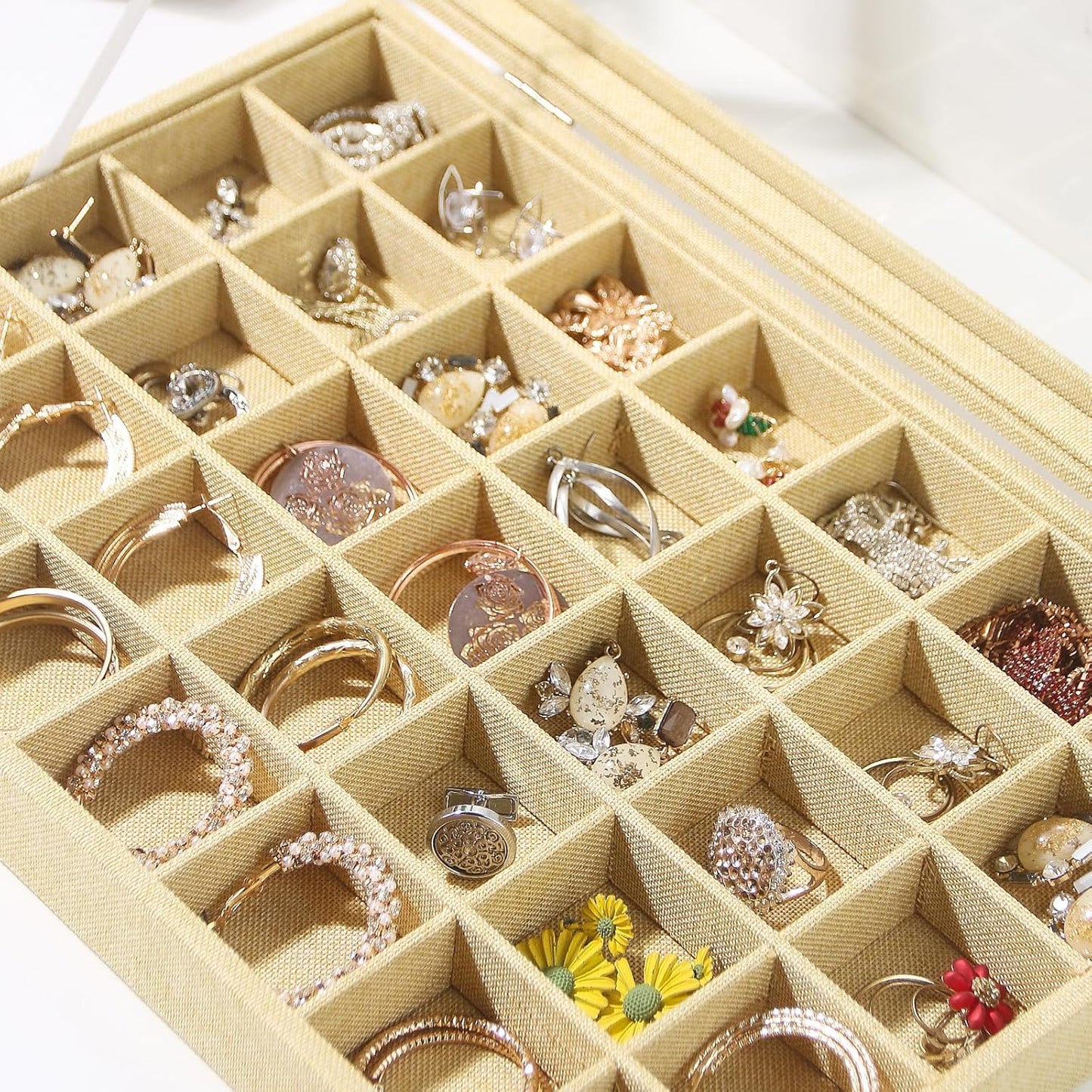 Coward Ring Earring Jewelry Organizer Box, 35 Grids Dustproof Display Holder Case, Yellow Linen Velvet Jewelry Bead Display Tray Case with Transparent Glass Lid for Momen Girls