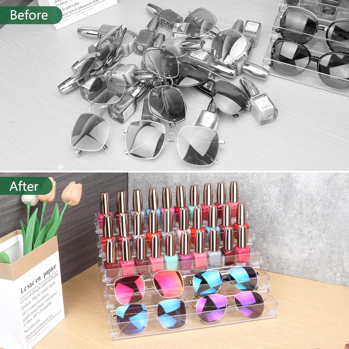 Sunglass Organizer Easy Snap-on Assembly, Acrylic Sticker Display Stand for Vendors, Nail Polish Holder Nail Desk Essential Oil Lipstick Storage,Clear Sunglasses Perfume Organizer (5 Layers)
