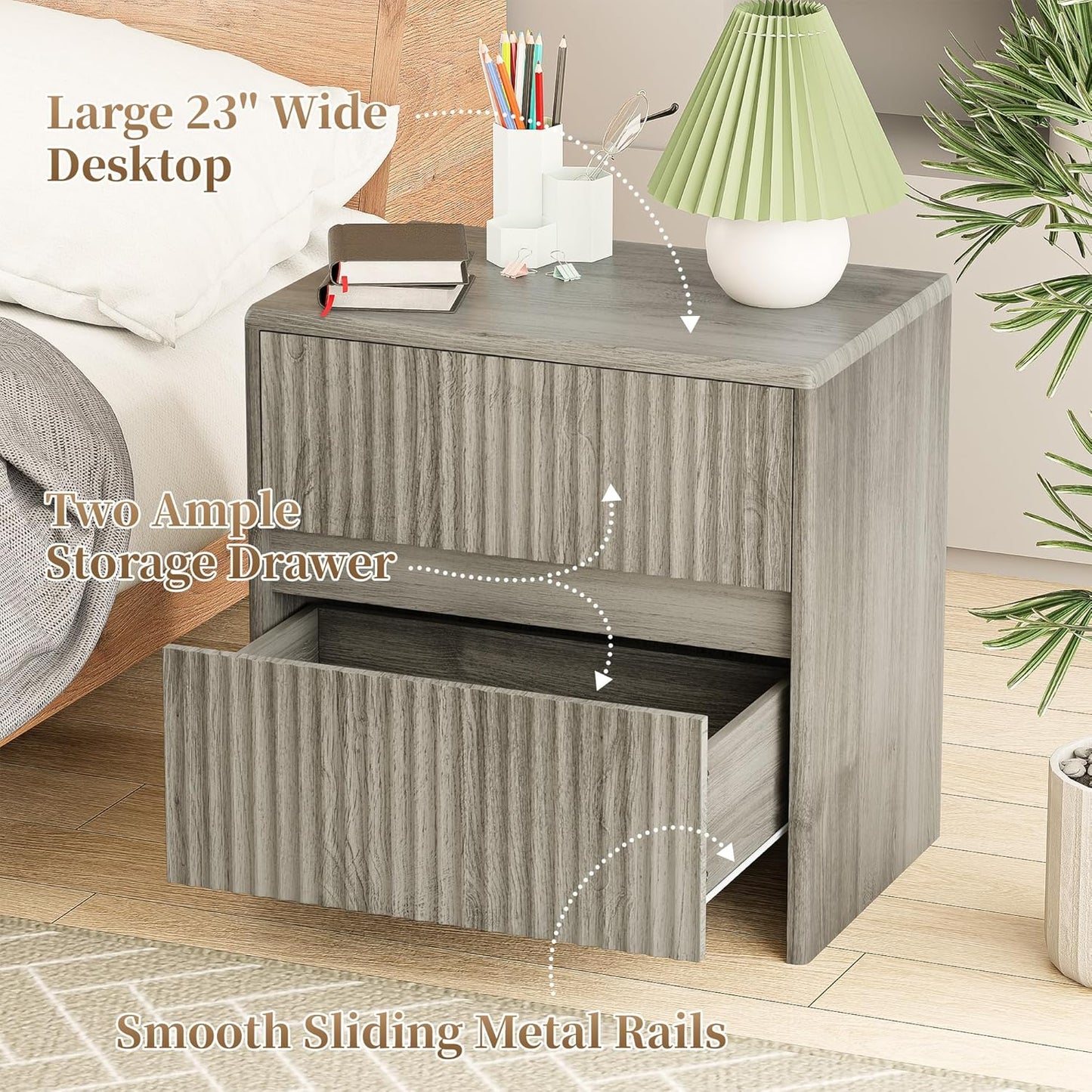 Fleuted Nightstand Set of 2, 23" Wood Bedside Table with 2 Storage Drawers, Modern Night Stand for Bedroom, Office, Grey