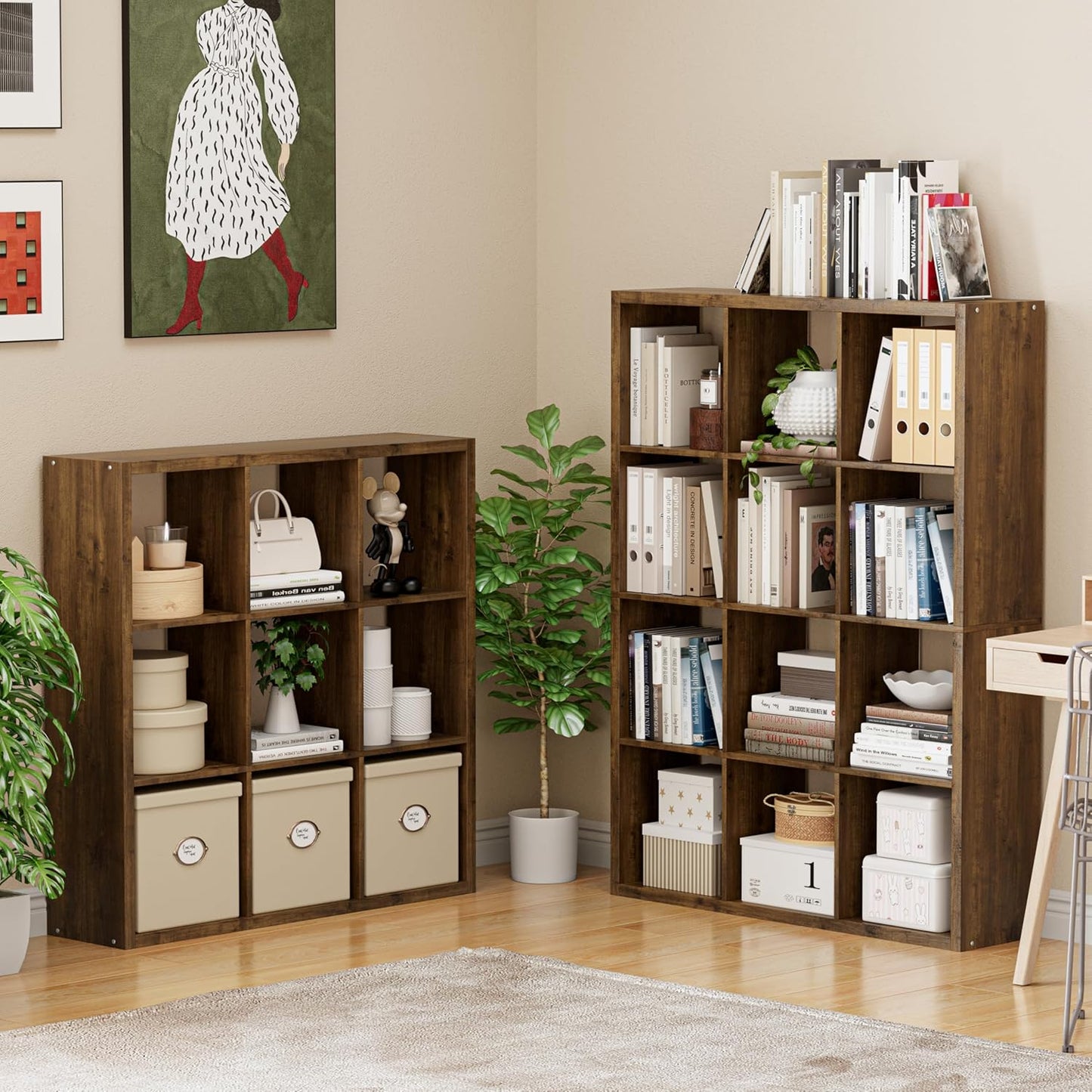 Cube Storage Organizer Bookcase, Decorative 11 inch Open Back Cubical Shelf with Thickened Border, Display Bookshelf for Living Room, Home Office, Sturdy Room (Brown, 12 Cube)