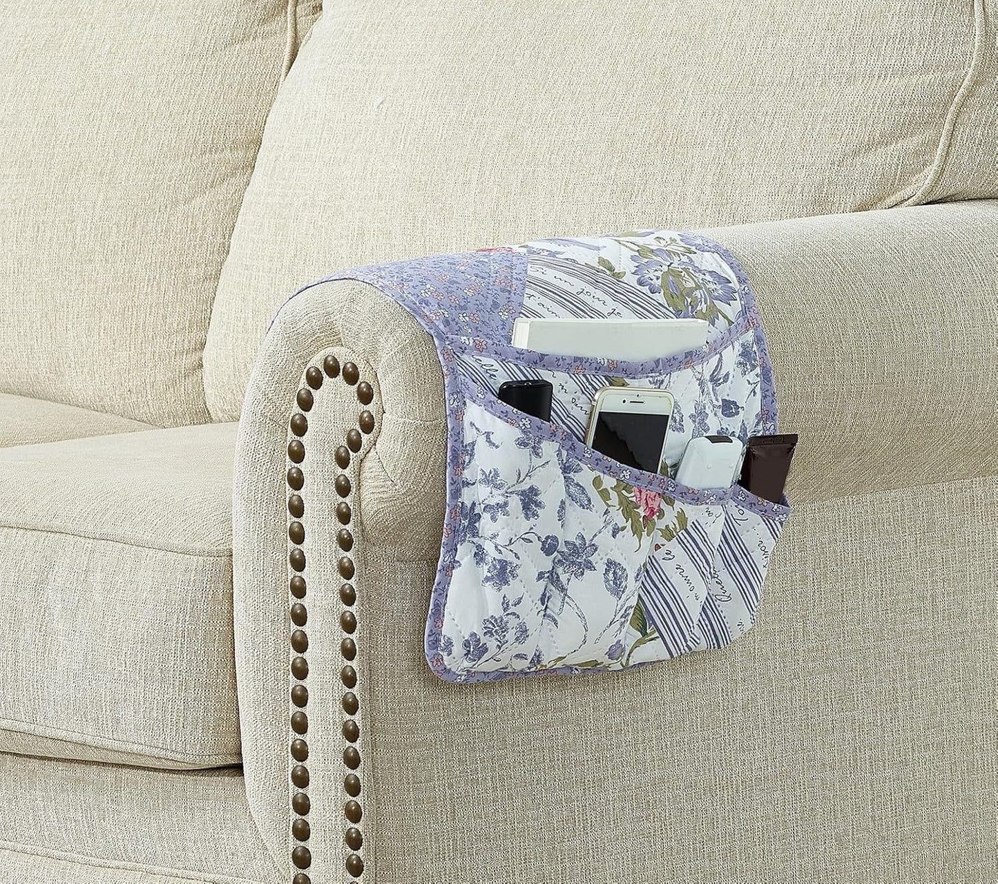 Brilliant Sunshine Rose Violet Patchwork Couch Armrest 5 Pockets Organizer, Slip Resistant Recliner Armchair Caddy, Washable Remote Controls Holder, Storage for Magazine, Tablet, Phone, Rose Violet