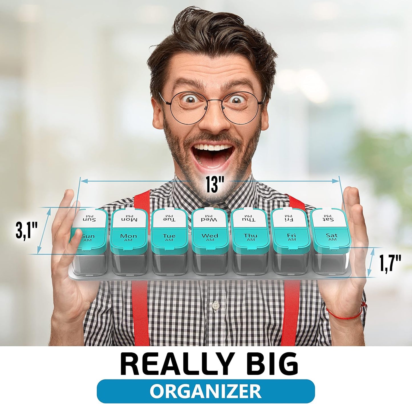 Extra Large Weekly Pill Organizer - XL Vitamin Holder with 7 Detachable AM PM Compartments - Portable Medicine Dispenser for Home and Travel, Big Supplement Container for Weekly or Daily Use, Mint