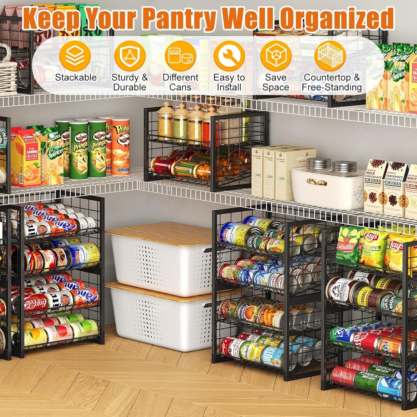 X-cosrack 2 Packs Stackable Can Rack Organizer for Pantry, 2-Tier Adjustable Pantry Can Storage Organizer for Canned Food Can Goods, Kitchen Can Dispenser Holder for Soda Drinks Snack, Black