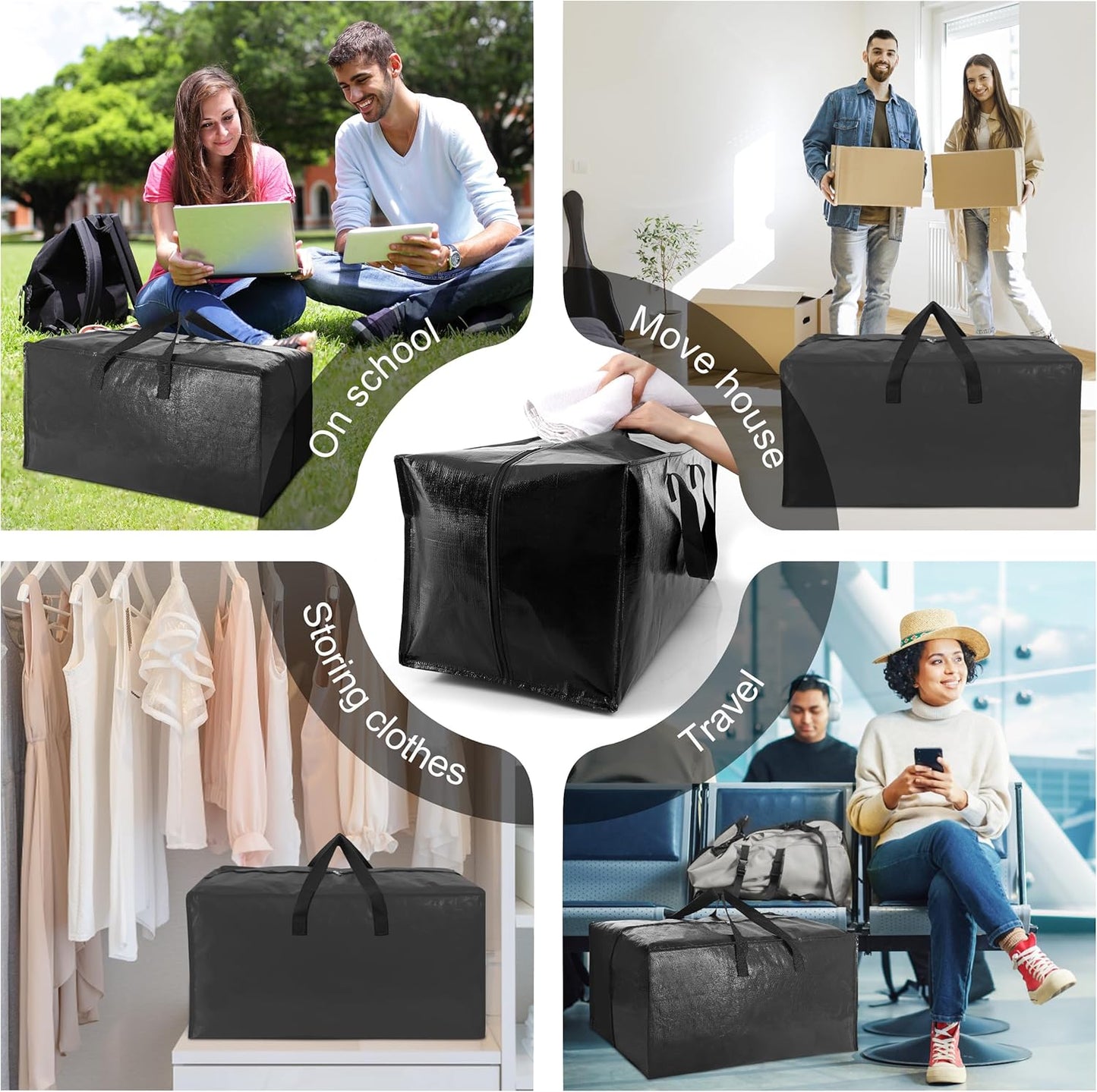 6 Pack Heavy Duty Large Moving Bags W/Backpack Straps - Strong Handles & Zippers, Storage Totes, Fold Flat, Alternative to Moving Box and Storage Bin, Semi-Transparent+Blue+Black