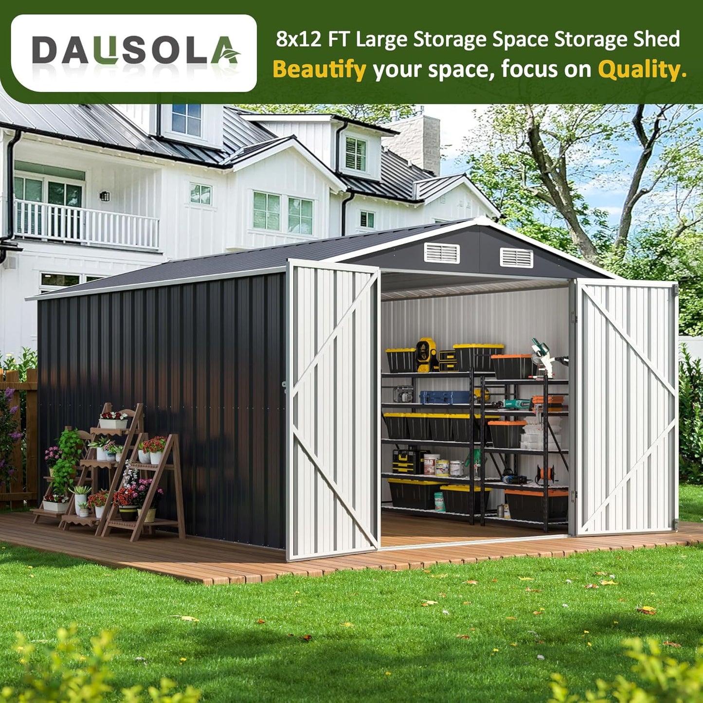 8x12 FT Outdoor Storage Shed, Metal Garden Tool Shed with Updated Frame Structure and Lockable Doors, Ideal for Backyard Garden Patio Lawn, Grey
