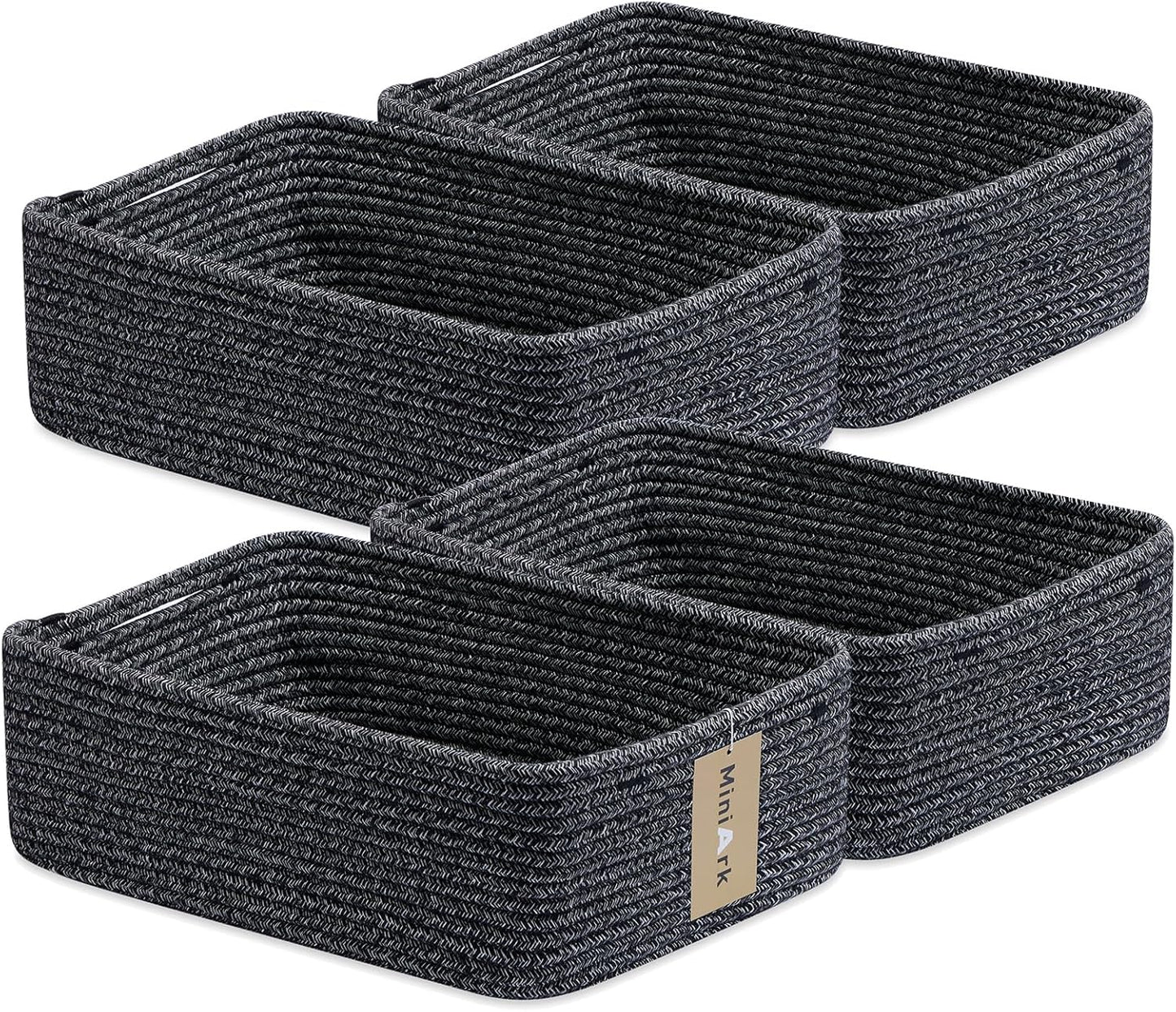 Large Shallow Organizing Baskets 15x11x5.1 Inches - Rope Woven Storage Bins for Bathroom, Shelves, Cube Closet, Mixed Black 4 Packs