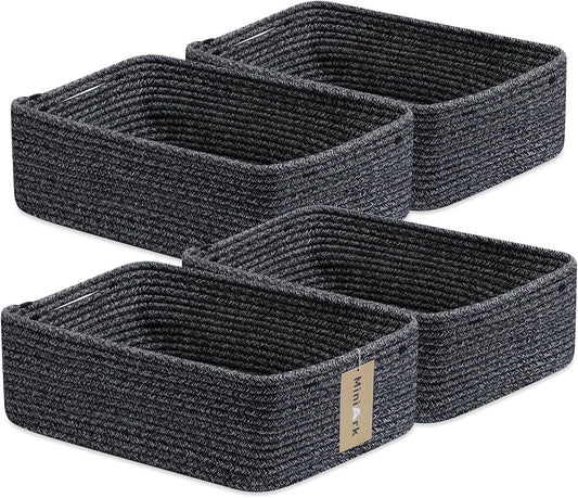 Large Shallow Organizing Baskets 15x11x5.1 Inches - Rope Woven Storage Bins for Bathroom, Shelves, Cube Closet, Mixed Black 4 Packs