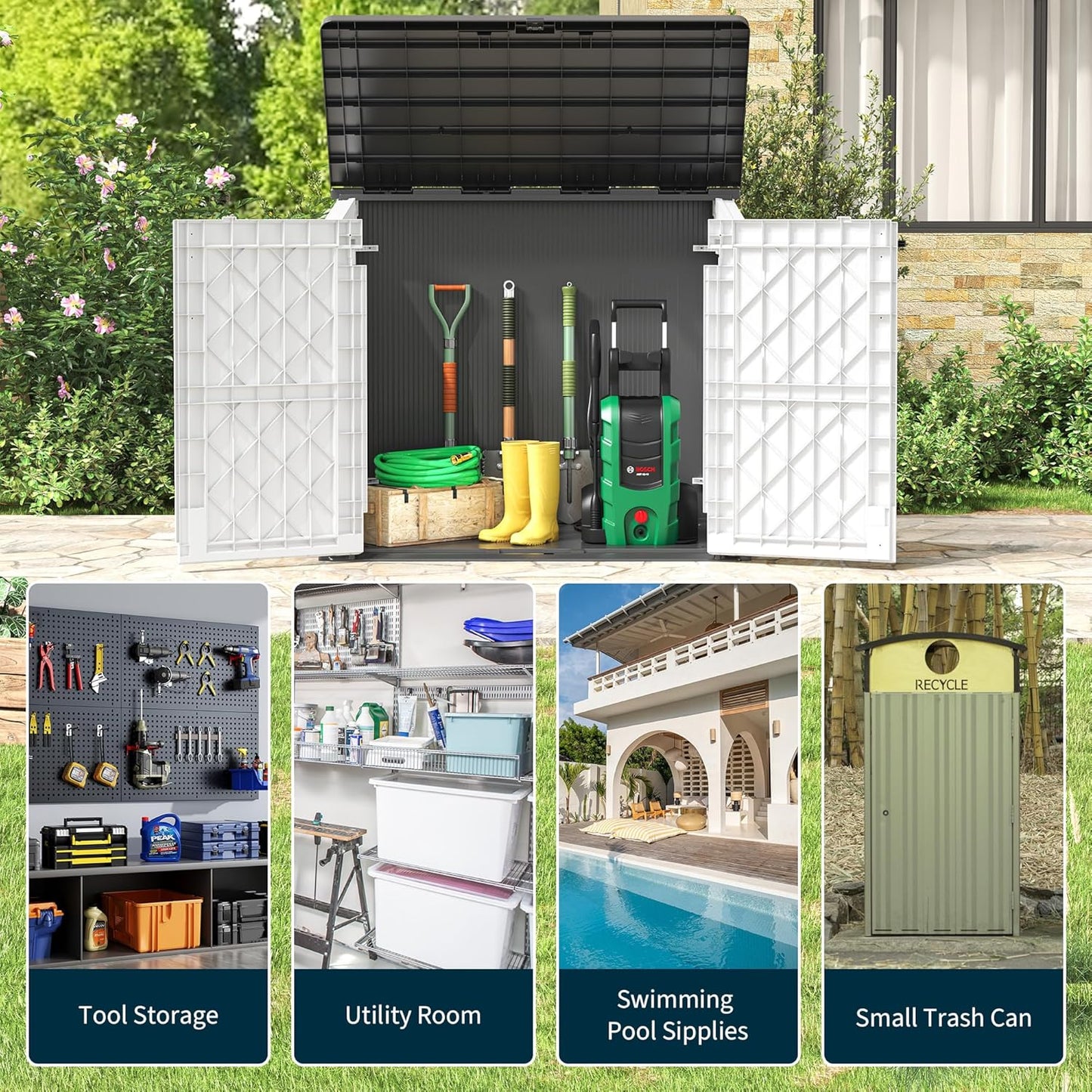 Outdoor Resin Storage Shed 36 Cu. Ft. Garden Horizontal Storage Extra Large Capacity Weather Resistant Storage Box, Lockable Resin Waterproof Shed, Light Grey