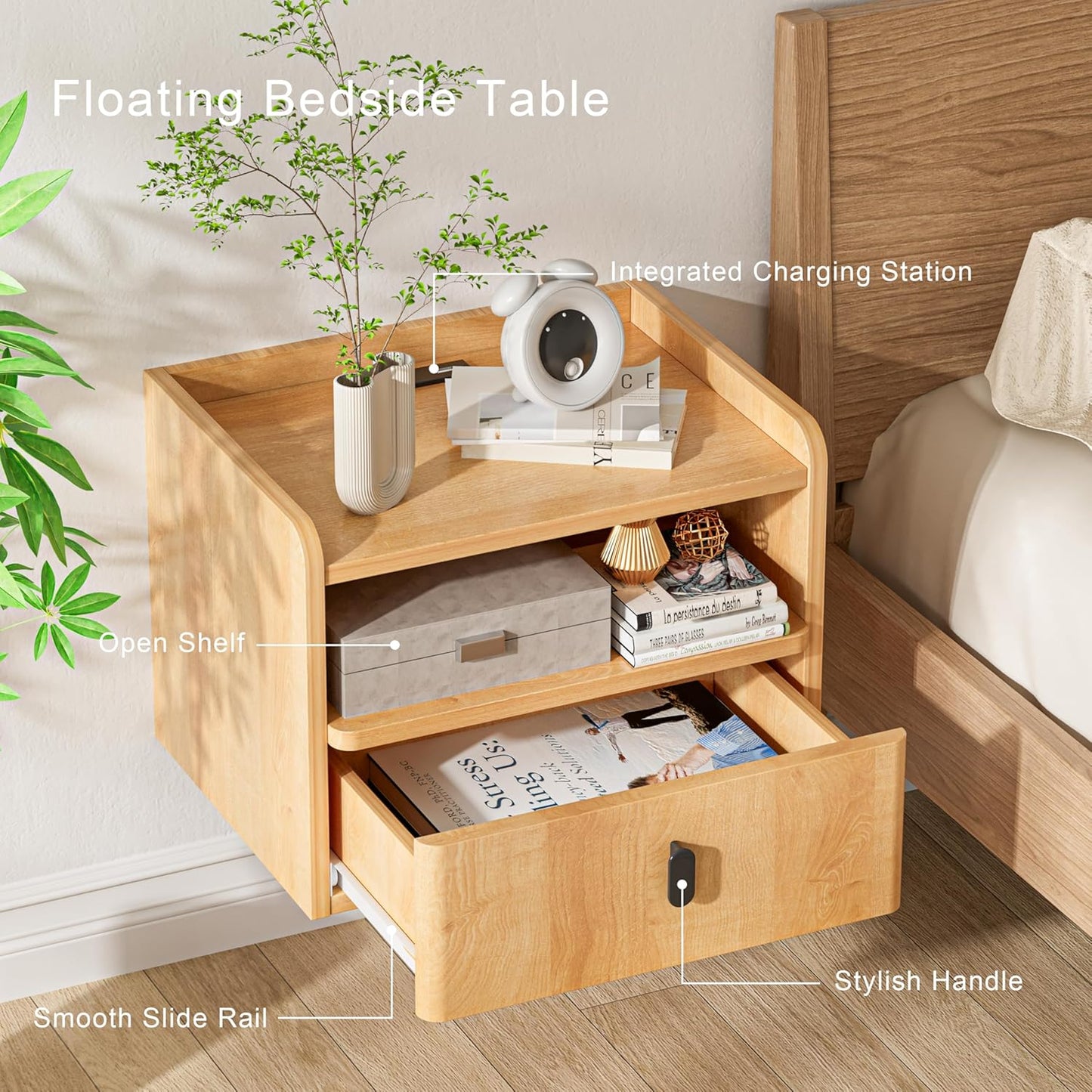 Floating Nightstand Set of 2, Modern Wall Mount Bedside Table with Drawer & Open Shelf, Space-Saving Night Stands with Charging Station, Natural Wood Finish for Bedroom
