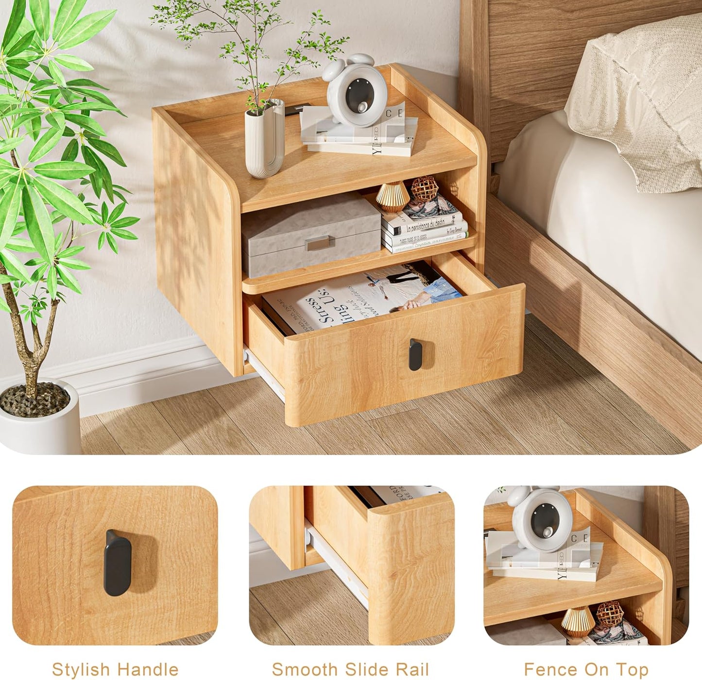 Floating Nightstand Set of 2, Modern Wall Mount Bedside Table with Drawer & Open Shelf, Space-Saving Night Stands with Charging Station, Natural Wood Finish for Bedroom