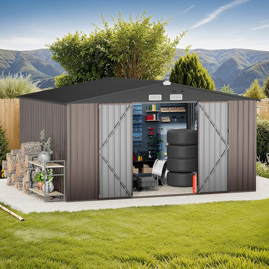 GVDV 10X12 FT Outdoor Storage Shed, Durable Metal Outside Storage for Garden, Patio and Backyard, Waterproof Shelter for Tools, Equipment