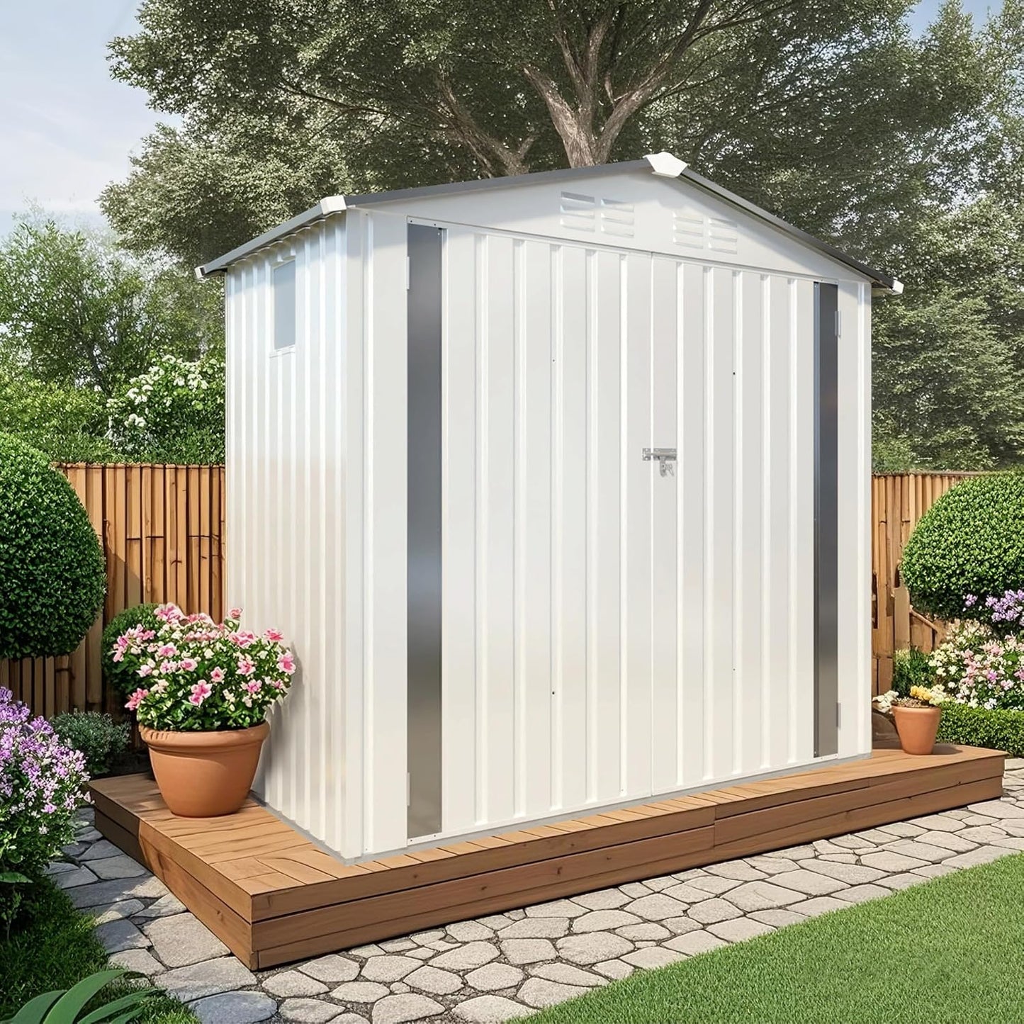 Metal Storage Shed, 6X3.6 FT Lockable Outdoor Tool Shed with Air Vent and Clear Windows, Galvanized Steel Garden Shed for Backyard, Patio, Garden, Bike Storage or Outdoor Use, White