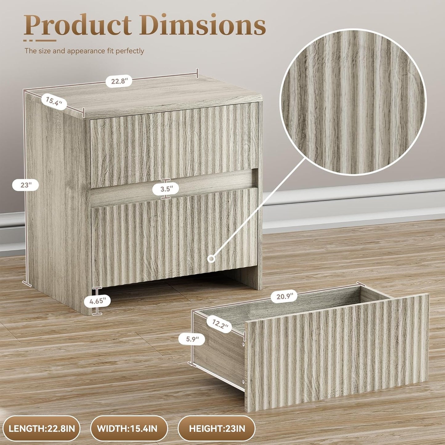 Fluted Nightstand, 23" Wood Bedside Table with 2 Storage Drawers, Modern Night Stand for Bedroom, Office, Grey