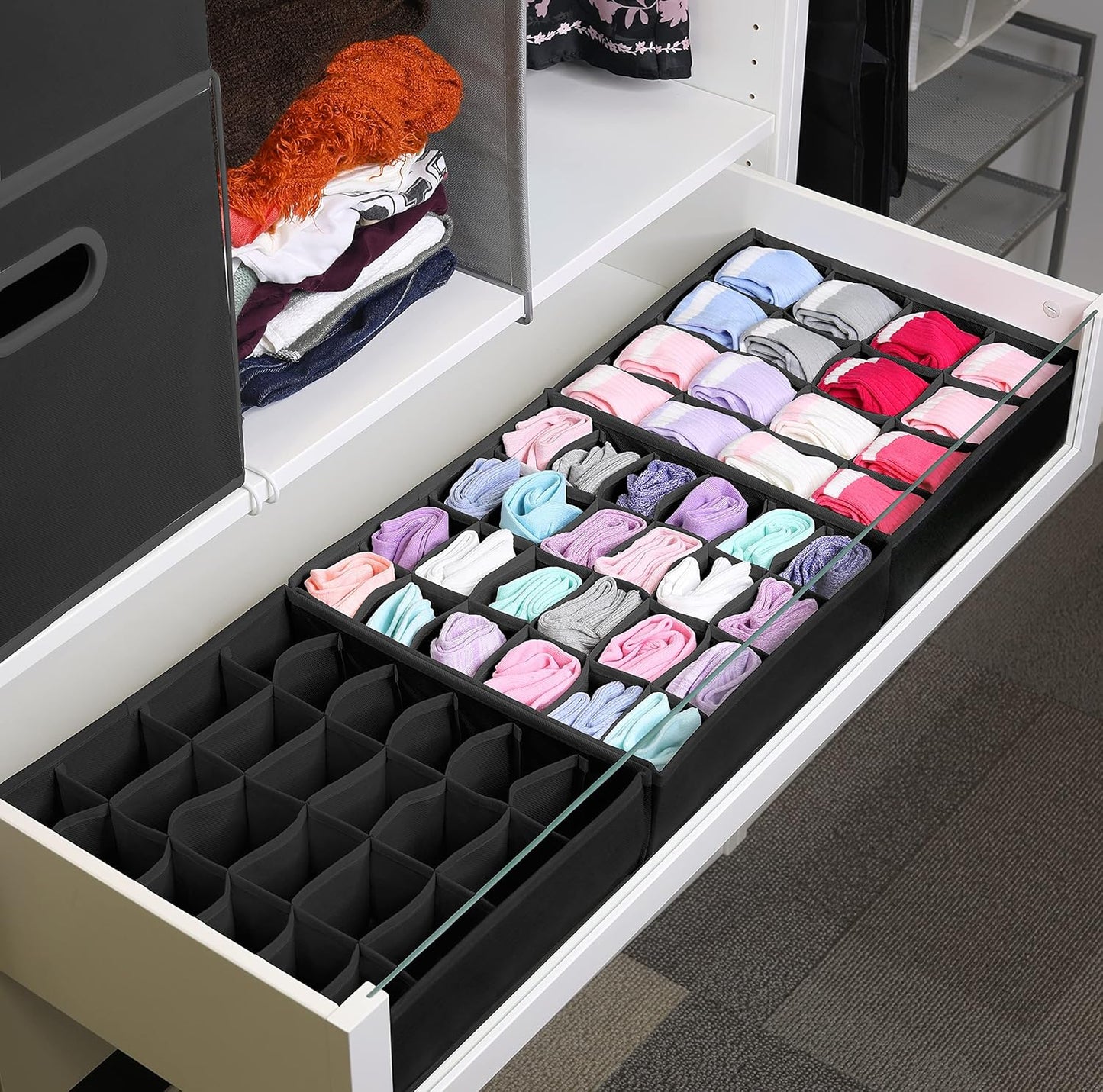 Simple Houseware Sock Drawer Organizer for Dresser/Closet/Bedroom, 3 Pack, Black