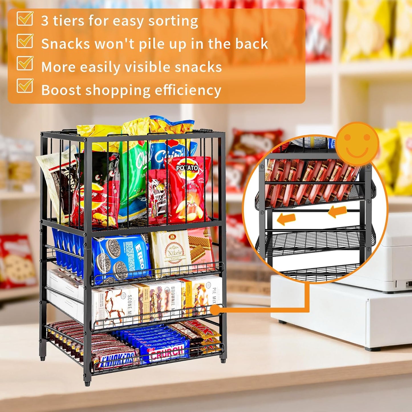 Candy Display Rack, 4 Tier Snack Organizer for Countertop, Potato Chip Bag Holder with Elastic Rope Frame, Snack Bar Station, Retail Display Shelf for Store, Pantry, Office (Black)
