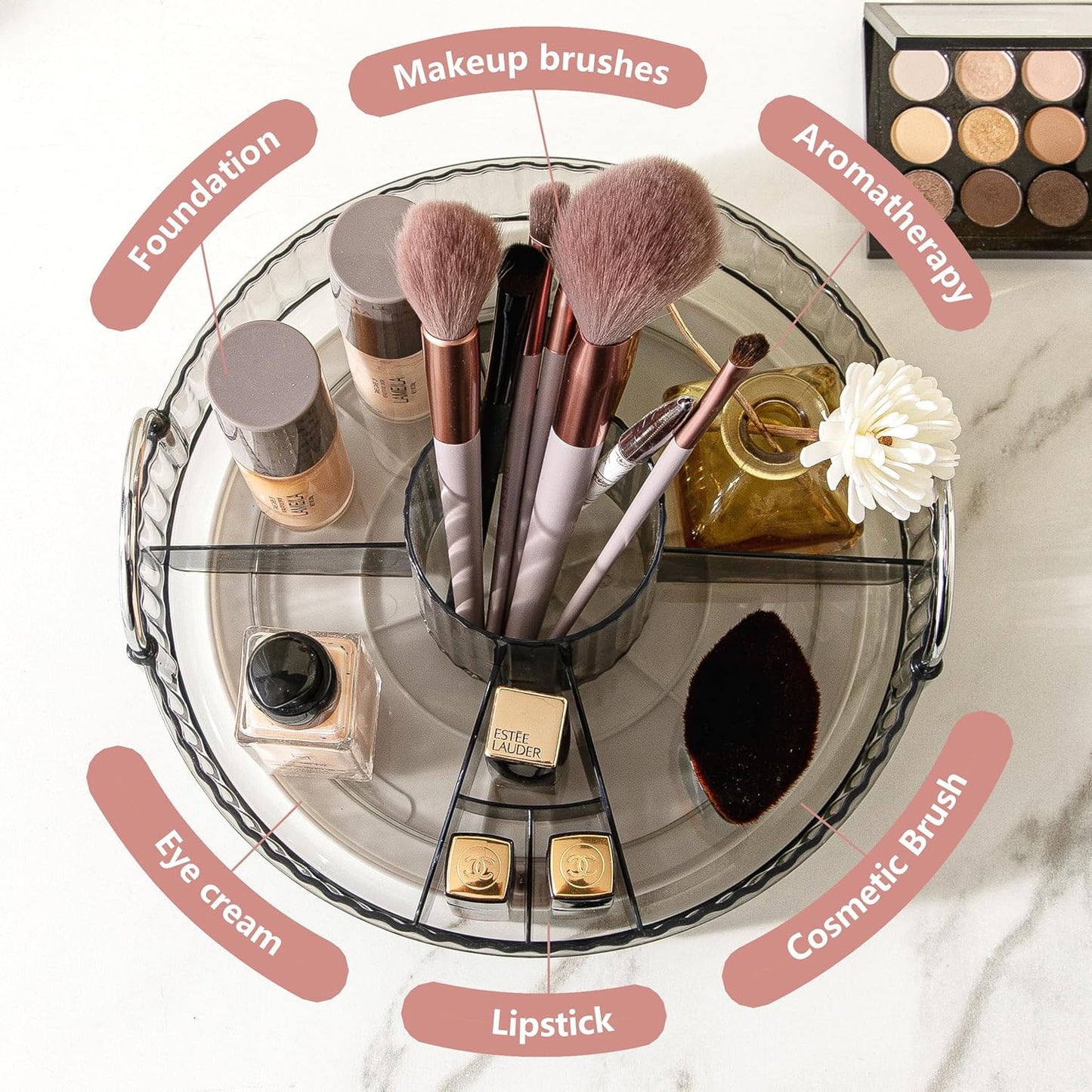 YCIA&DONE Rotating Makeup Organizer for Vanity, Large Capacity Make Up Storage Skin care Shelf Perfume Holders Cosmetic Dresser Organizer Countertop Spinning 360 (Smoky Gray, 1Tier)