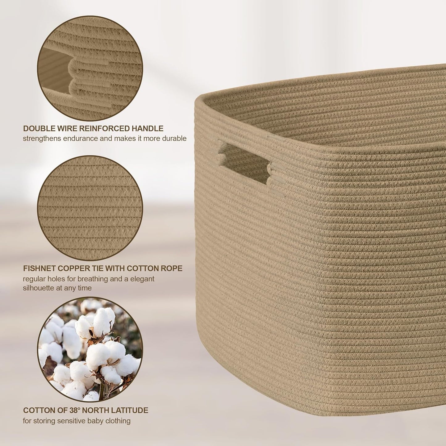72L Large Wicker Laundry Basket for Living Room Storage,Boho Woven Cotton Rope Baskets for Kids Toy,Gifts,Square Blanket Hamper for Bedroom Dirty Clothes,Jute