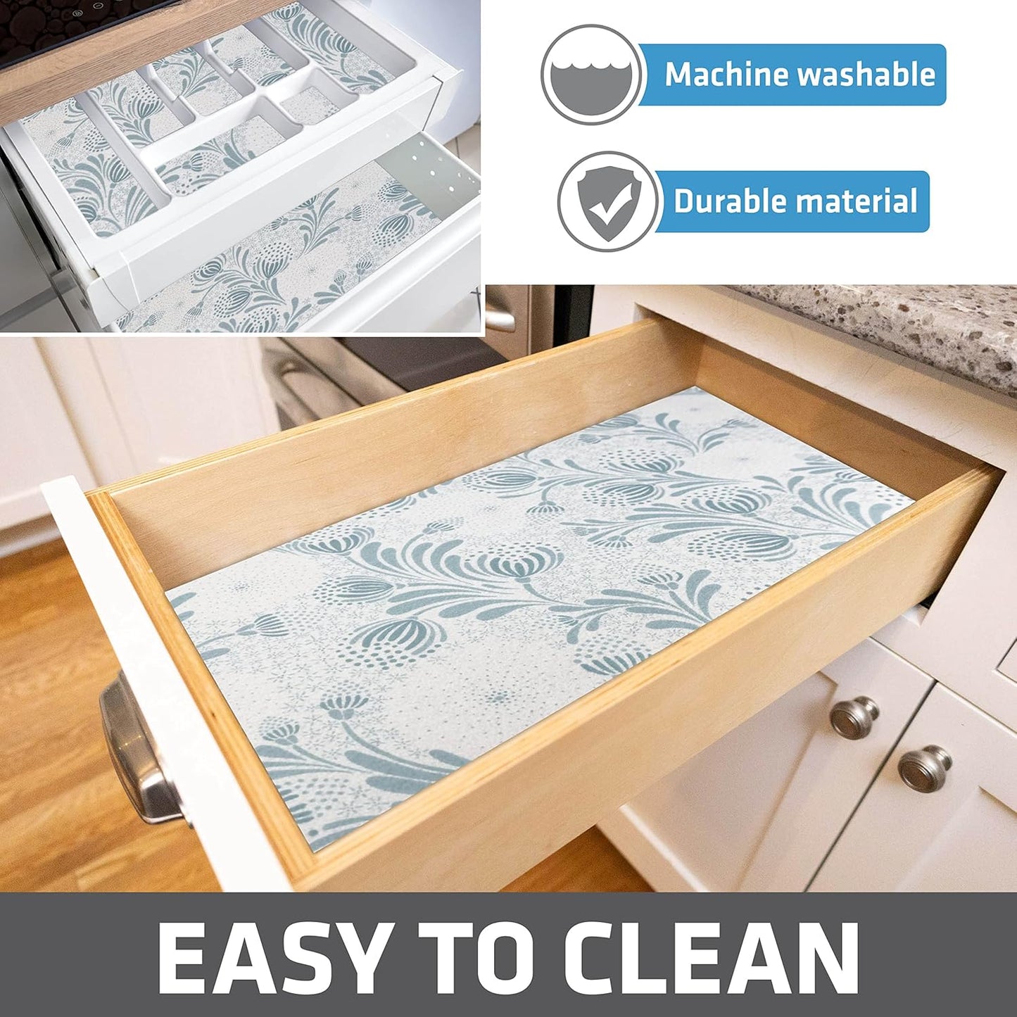 Drymate Premium Luxury Shelf & Drawer Liner, Thick Cushioned Fabric, Non-Adhesive, Absorbent, Waterproof, Slip-Resistant, Liners for Kitchen Cabinets, Cupboards (USA Made)(12”x59”)(2-Pack)(Light Blue)