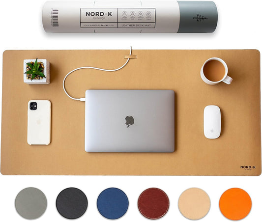 Nordik Leather Desk Mat Cable Organiser (Champagne Beige 89 X 43 cm) Premium Extended Mouse Mat for Home Office Accessories - Non-Slip Vegan Leather Desk Pad Protector & Desk Blotter Pad