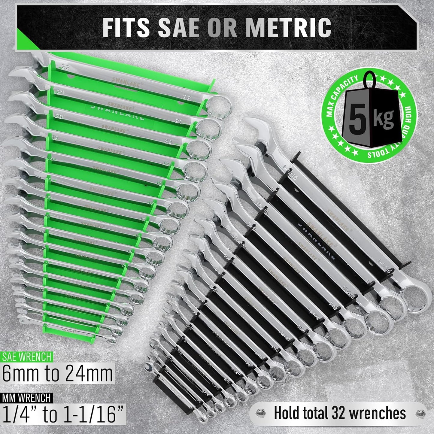 Magnetic Wrench Organizer 4-piece, Wrench Rack Tool Trays SAE (1/4" to 1-1/16"), Metric (6mm to 24mm), 64-Slot Drawer Storage Tools, Wrench Set Holder