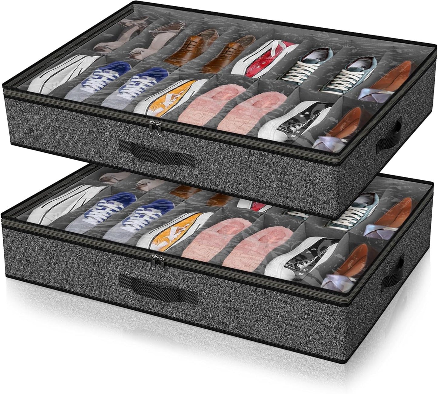 2 Pack Under Bed Shoe Storage Organizer for Closet, Fits Total 32 Pairs Foldable Underbed Shoes Containers Boxes Under the Bed Storage Bedding with Sturdy Handles&Clear Window for College Dorms, Grey