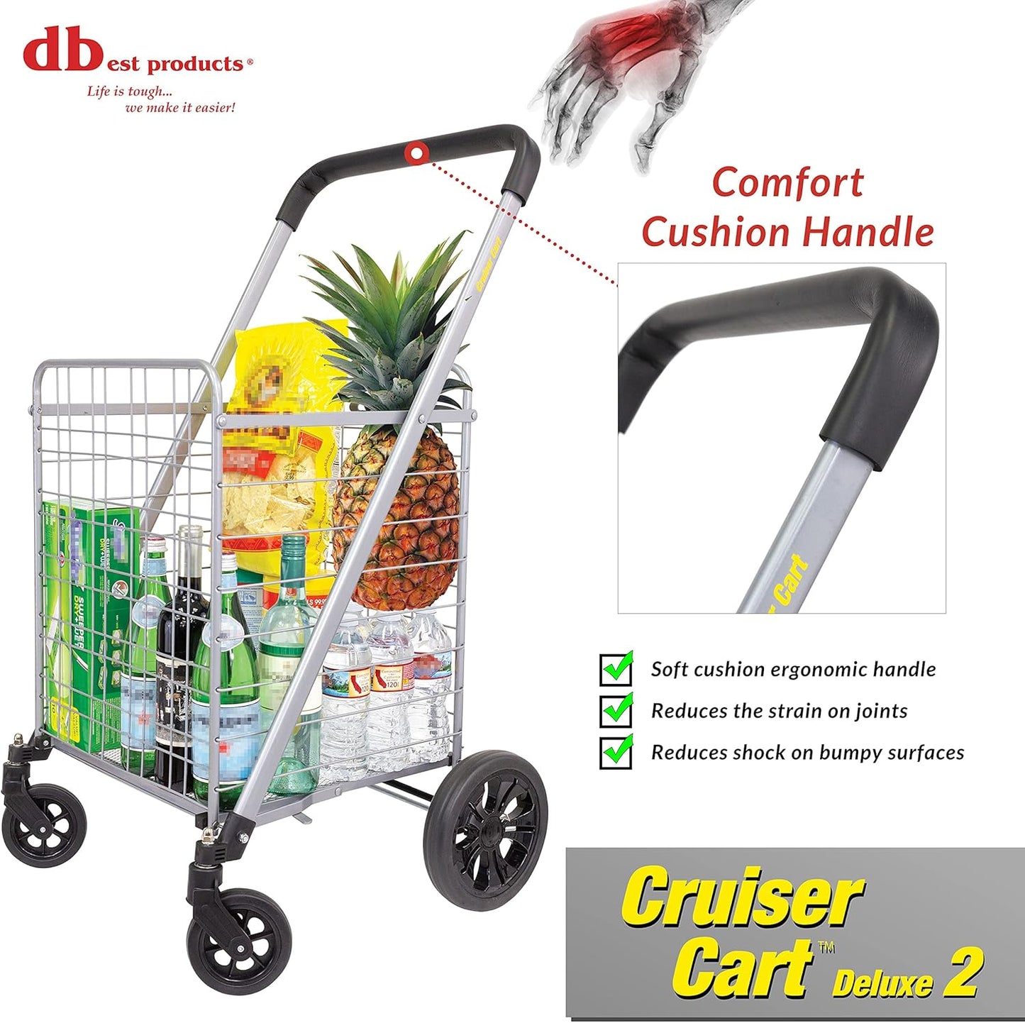 dbest Products Cruiser Cart Deluxe 2 Germ Guard Bundle Shopping Handle Grocery Rolling Folding Laundry Basket on Wheels Foldable Utility Trolley Compact Lightweight Collapsible