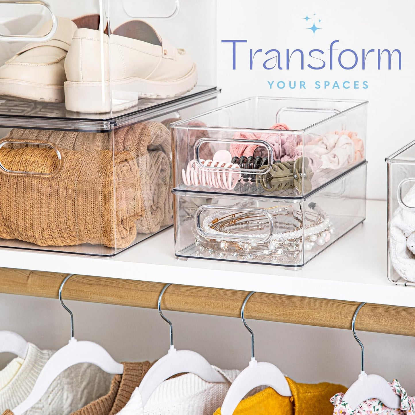 primebox Plastic Food Storage 4 Pack Clear Container Bin with Handles for Organizing Kitchen, Pantry, Refrigerator, Freezer, Pantry, Cabinet, Closet, Bathroom. Stackable 10”x6”x3”
