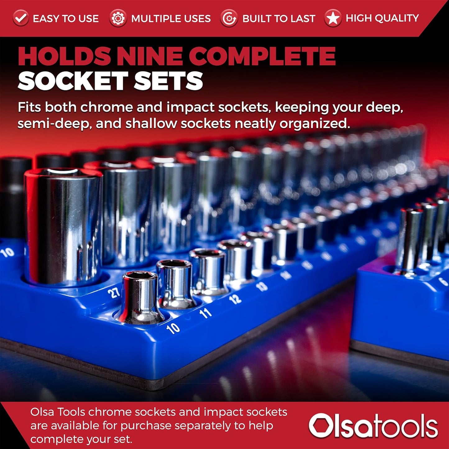 Olsa Tools 3-Row Magnetic Socket Organizer - Patented 3pc Socket Holder Kit - 1/2-Inch, 3/8-Inch, & 1/4-Inch Drive - Socket Organizers For Toolboxes - Blue - Holds 141 - Part 1562