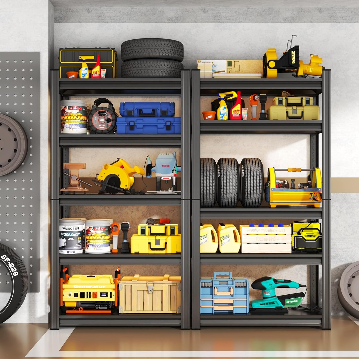 Storage Shelves, Garage Metal Shelving Unit, Adjustable, Double-Layer Column with Reinforced Ribs, Heavy-Duty, Capable of Bearing 600-3600 lbs (Black, 45''W*20''D*71''H, 5-Tier)