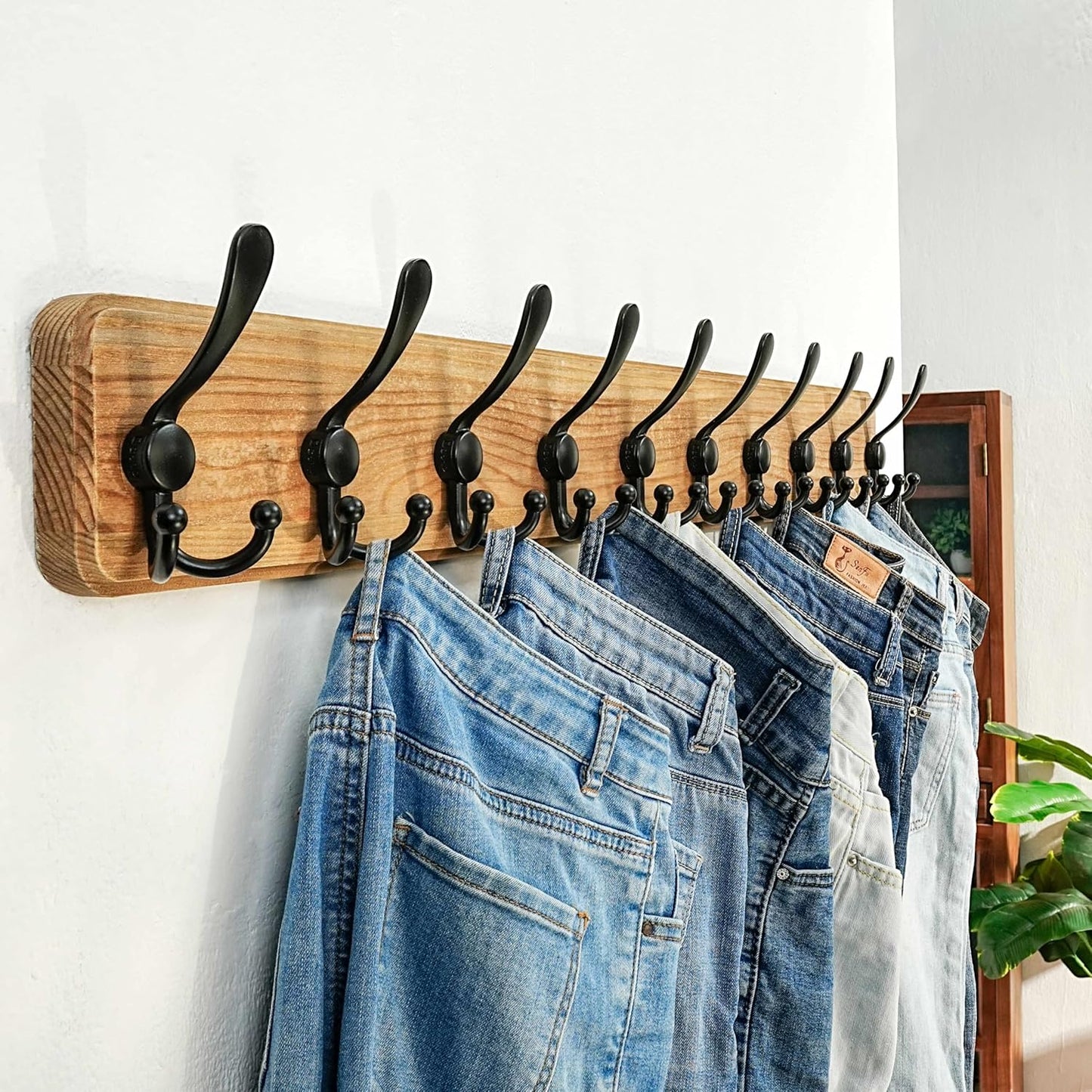 Dseap Coat Rack Wall - Heavy-Duty 38-1/4" Long, with Reinforced 10 Custom Tri-Hooks, Solid Wood Wall Hanger for Coats Hat Jackets - Rustic Farmhouse Entryway Hallway Storage, Weathered Brown & Black