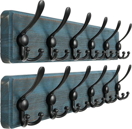 Dseap Coat Rack Wall Mounted - 24" Long 6 Tri Hooks, Heavy Duty Wooden Wall Coat Hanger Coat Hook for Clothes Hat Jacket Clothing, Weathered Blue and Black, Pack of 2