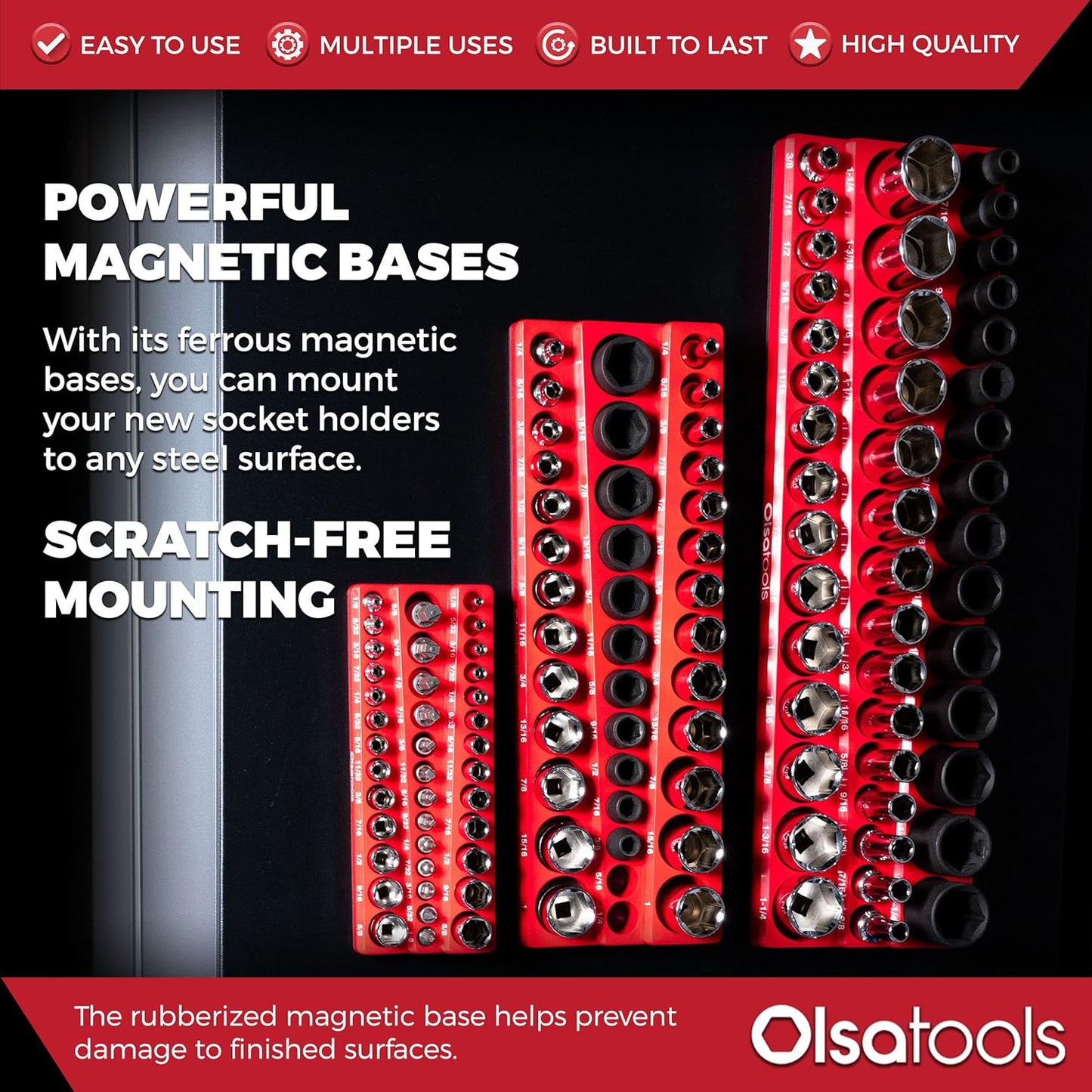 Olsa Tools Magnetic Socket Organizer | 6pc Socket Holder Kit | 1/2-Inch, 3/8-Inch, & 1/4-Inch Drive | Socket Organizers For Toolboxes | Red | Holds 273 | Professional-Grade Tool Organizer | Part 1667