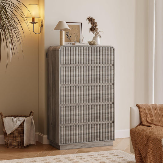 Tall Dresser for Bedroom with 5 Drawers, Fluted Chest of Drawers with Round Curved Corner, Hidden Handles, Modern Wood Storage Organizer for Bedroom, Nursery, Living Room