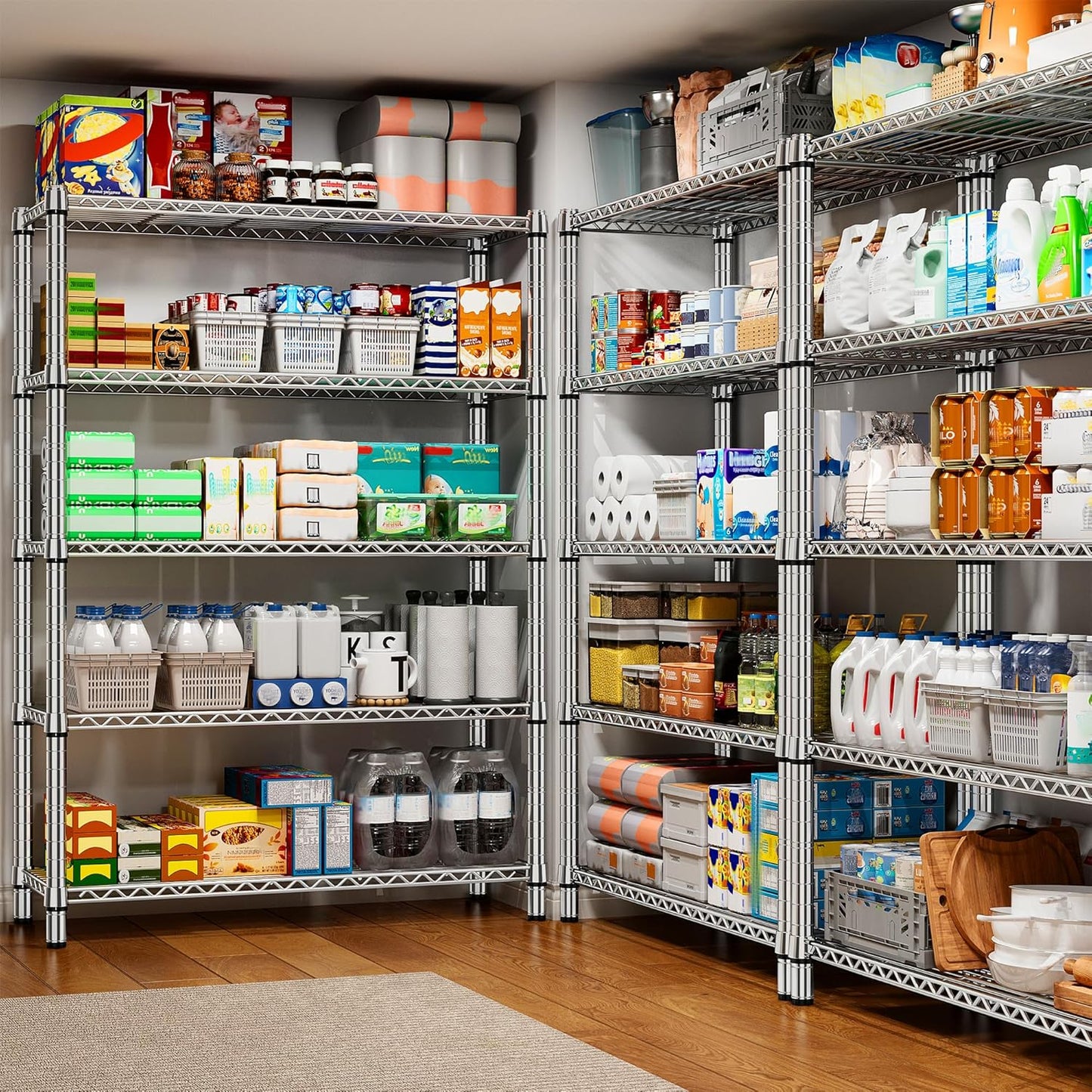 REIBII 5 Tier Metal Shelving Storage Shelves,71''H Adjustable Garage Shelving Unit and Storage,Wire Shelves Pantry Shelves for Kitchen Restaurant Warehouse Office,71H X 35.5W X 14D,Chrome