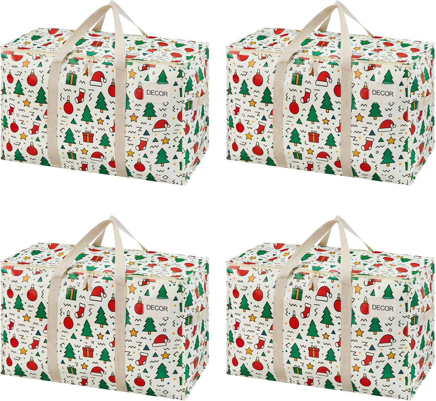 VENO 4 Pack Moving Bags and Large Christmas Storage Bins with lids. Alternative to Moving Boxes, Packing Supplies for College. Extra Large Heavy Duty Totes for Packaging (Jingle Mix, 4 Pack)