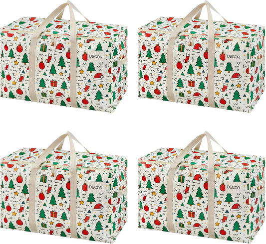 VENO 4 Pack Moving Bags and Large Christmas Storage Bins with lids. Alternative to Moving Boxes, Packing Supplies for College. Extra Large Heavy Duty Totes for Packaging (Jingle Mix, 4 Pack)