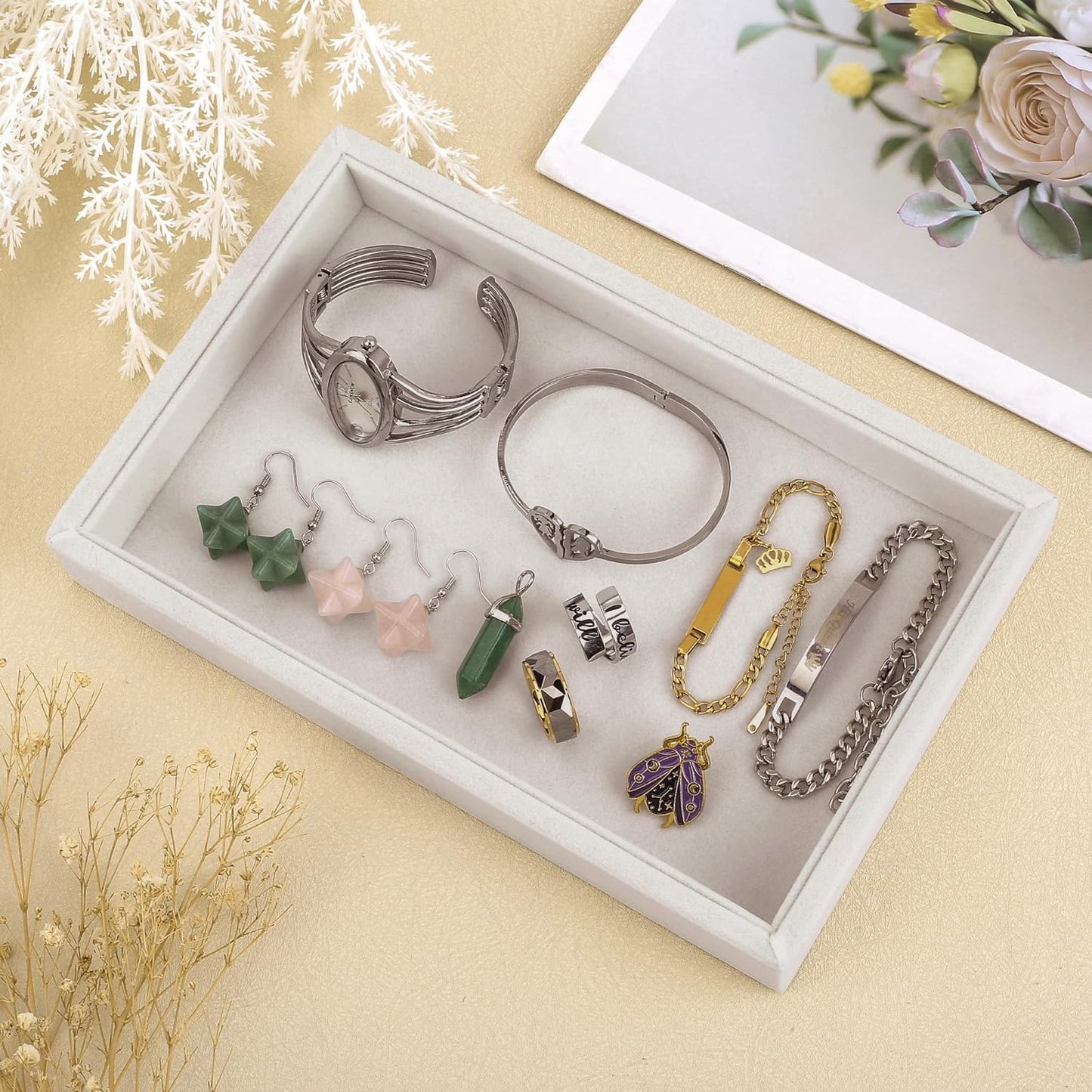 Mornajina 9" x 5.7" Velvet Jewelry Tray Jewelry Display Tray, Stackable Empty Plate Trays for Earrings Necklaces Bracelet Rings Display Showcase - Beige