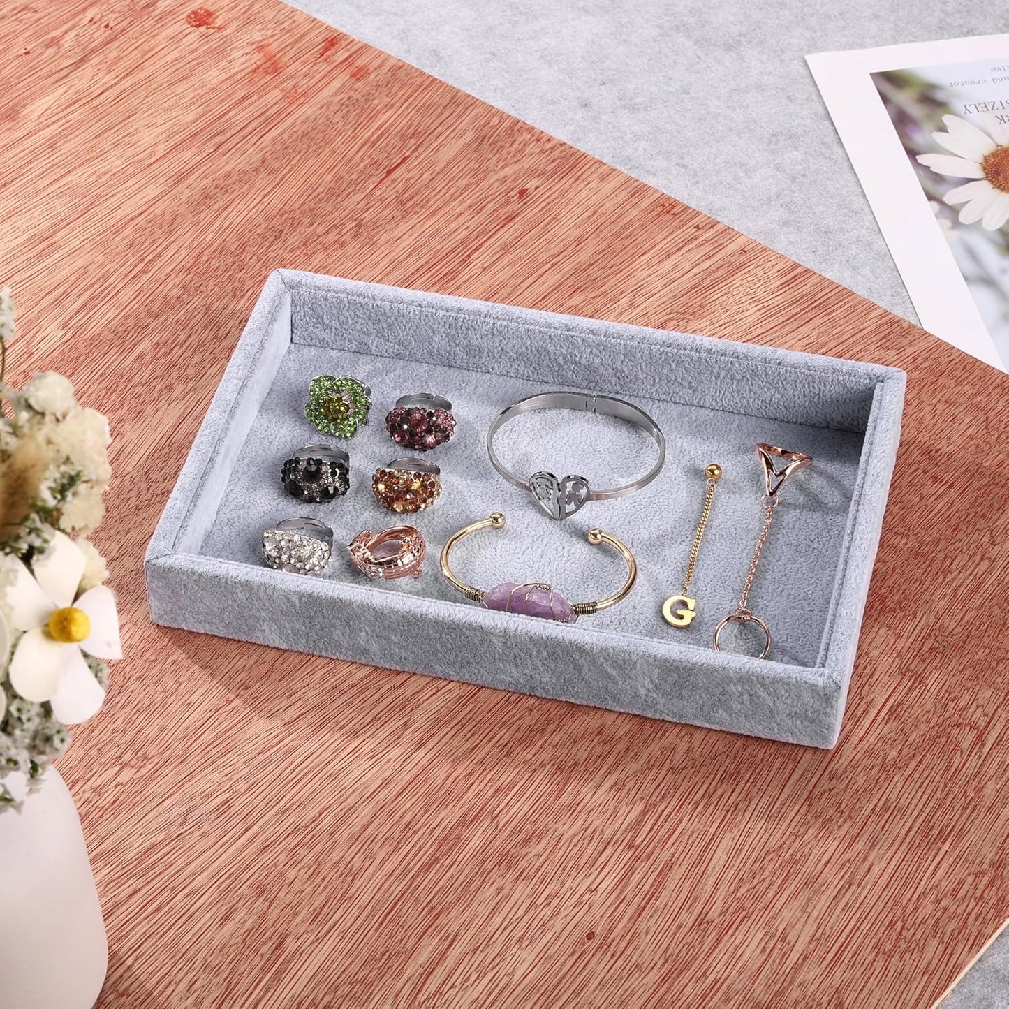 Mornajina 9" x 5.7" Velvet Jewelry Tray Jewelry Display Tray, Stackable Empty Plate Trays for Earrings Necklaces Bracelet Rings Display Showcase - Grey