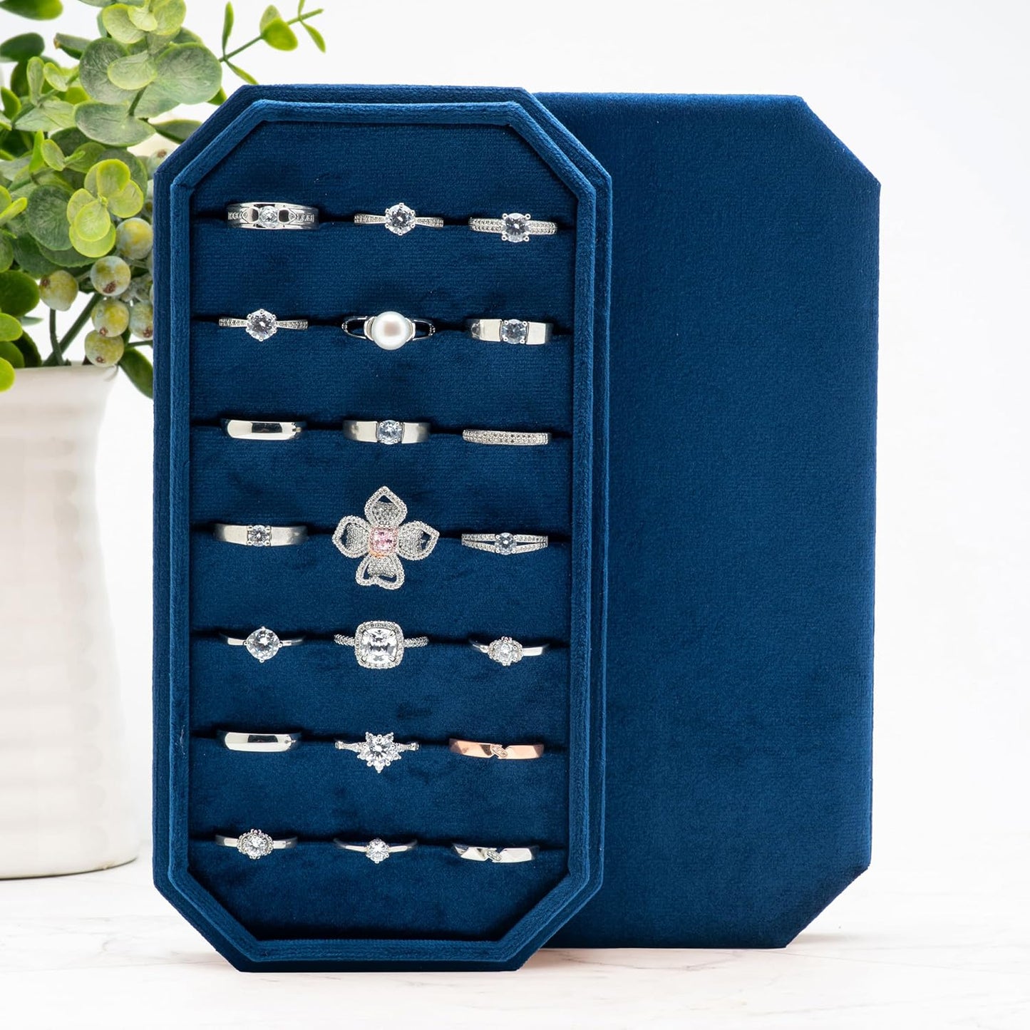 Velvet Ring Organizer Display Tray Jewelry Box Earring Holder Case for Wedding Birthday Christmas Day (Dark Blue)