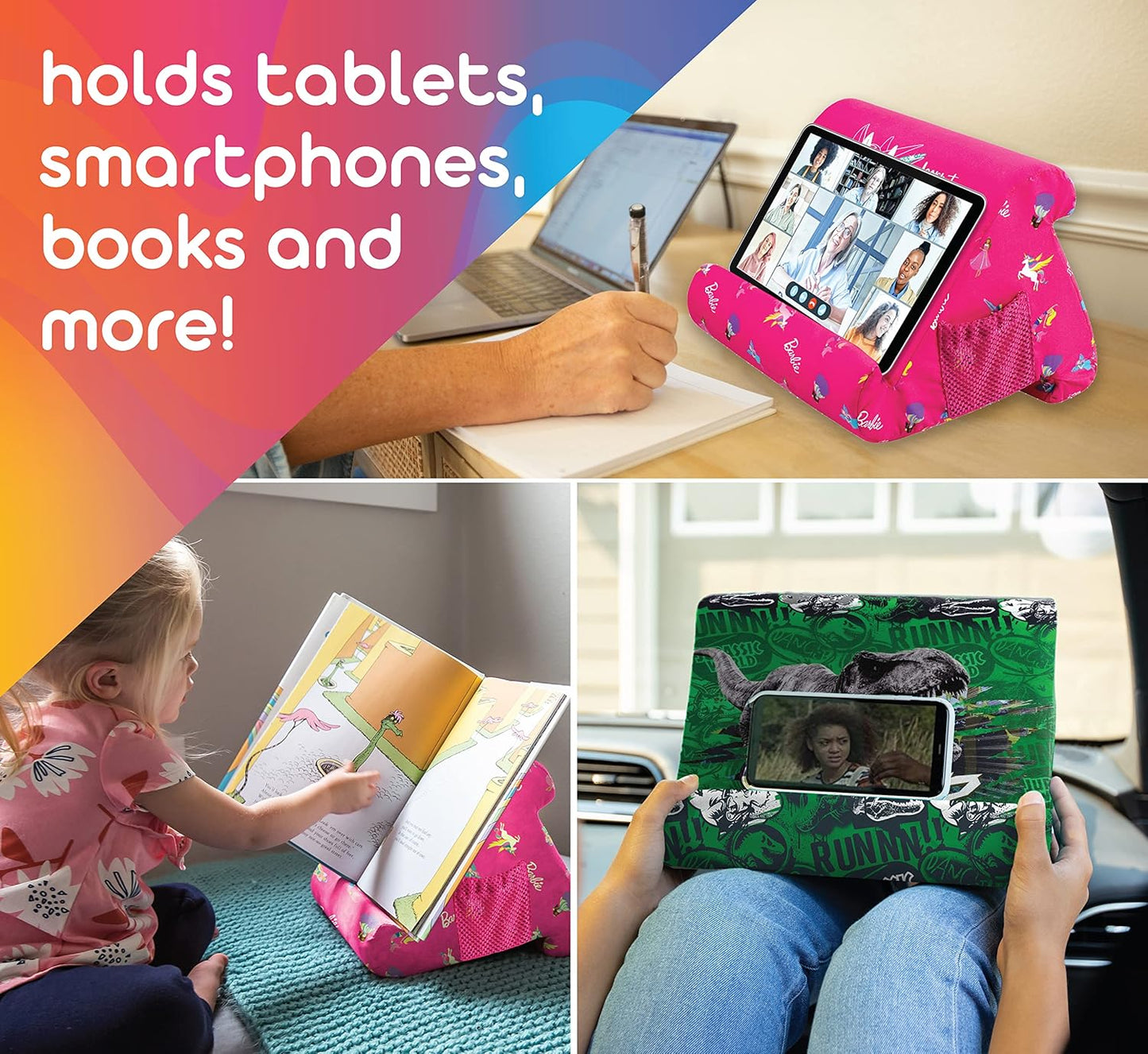 Flippy Original Tablet Pillow Stand & iPad Holder, Gift for Book Lovers & Readers, Multi-Angle Stand with Storage for Lap, Desk & Bed, Compatible with Kindle, Fire, iPad & Samsung, Jurassic World